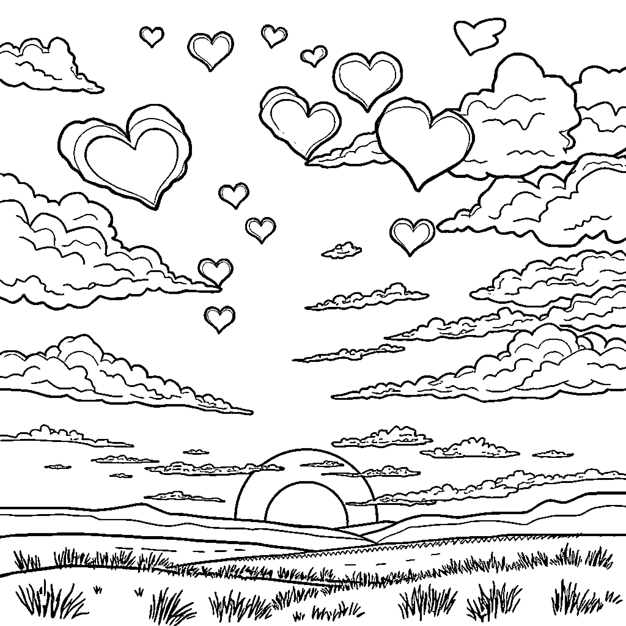 Sunset Landscape with Floating Heart Shapes Coloring Page (free black-and-white line drawing printable PDF for all, from beginners to advanced learners, including children, teens, adults, and seniors)