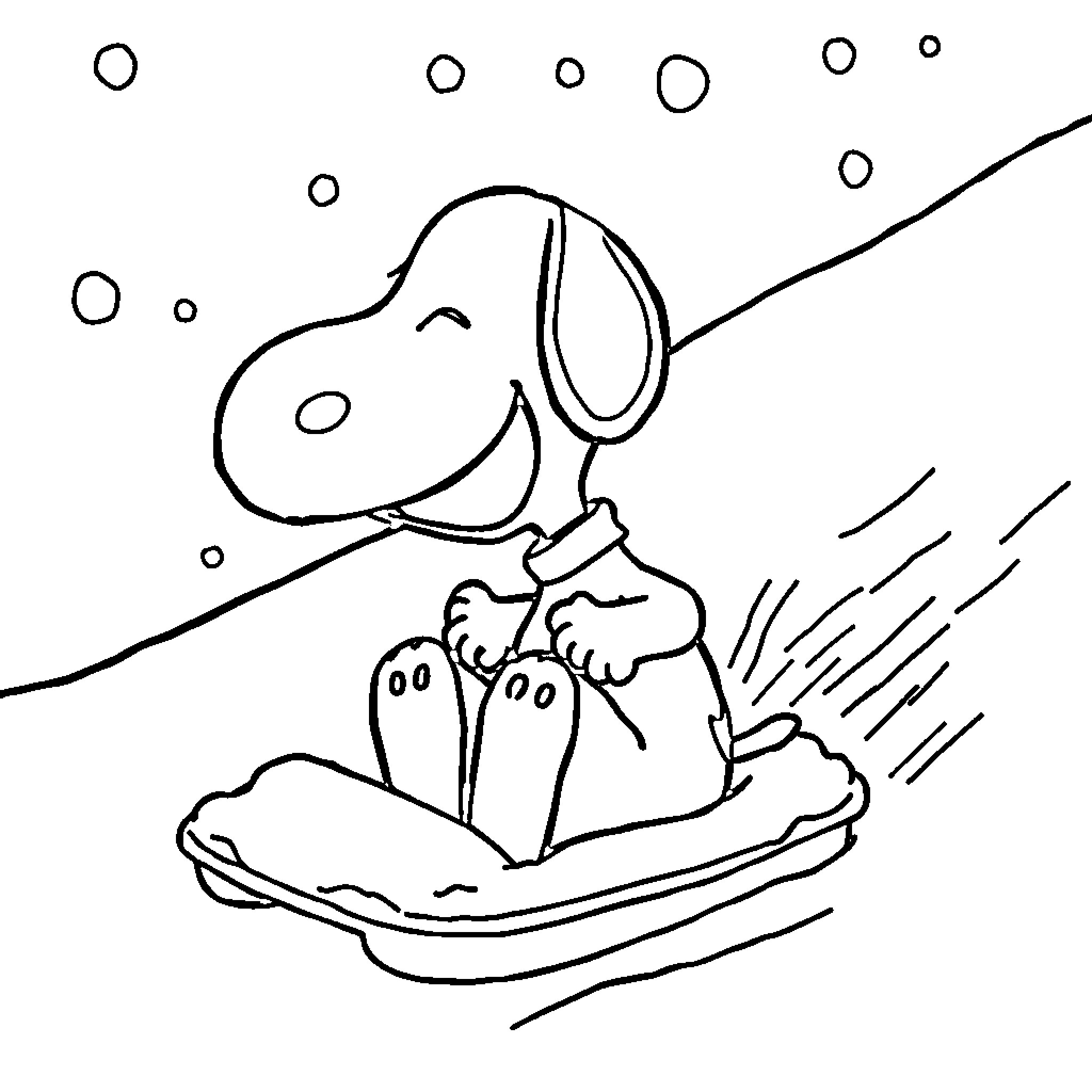 Snoopy enjoying a sleigh ride in the snow Coloring Page (free black-and-white line drawing printable PDF for all, from beginners to advanced learners, including children, teens, adults, and seniors)