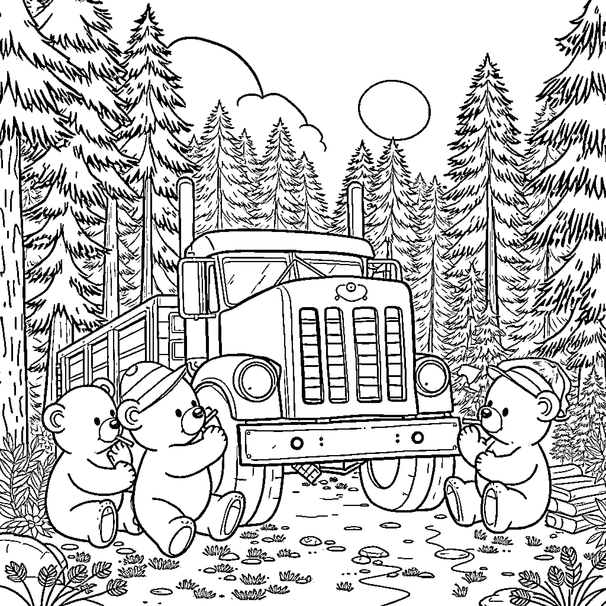 Teddy Bears Exploring Truck in Forest Coloring Page (free black-and-white line drawing printable PDF for all, from beginners to advanced learners, including children, teens, adults, and seniors)