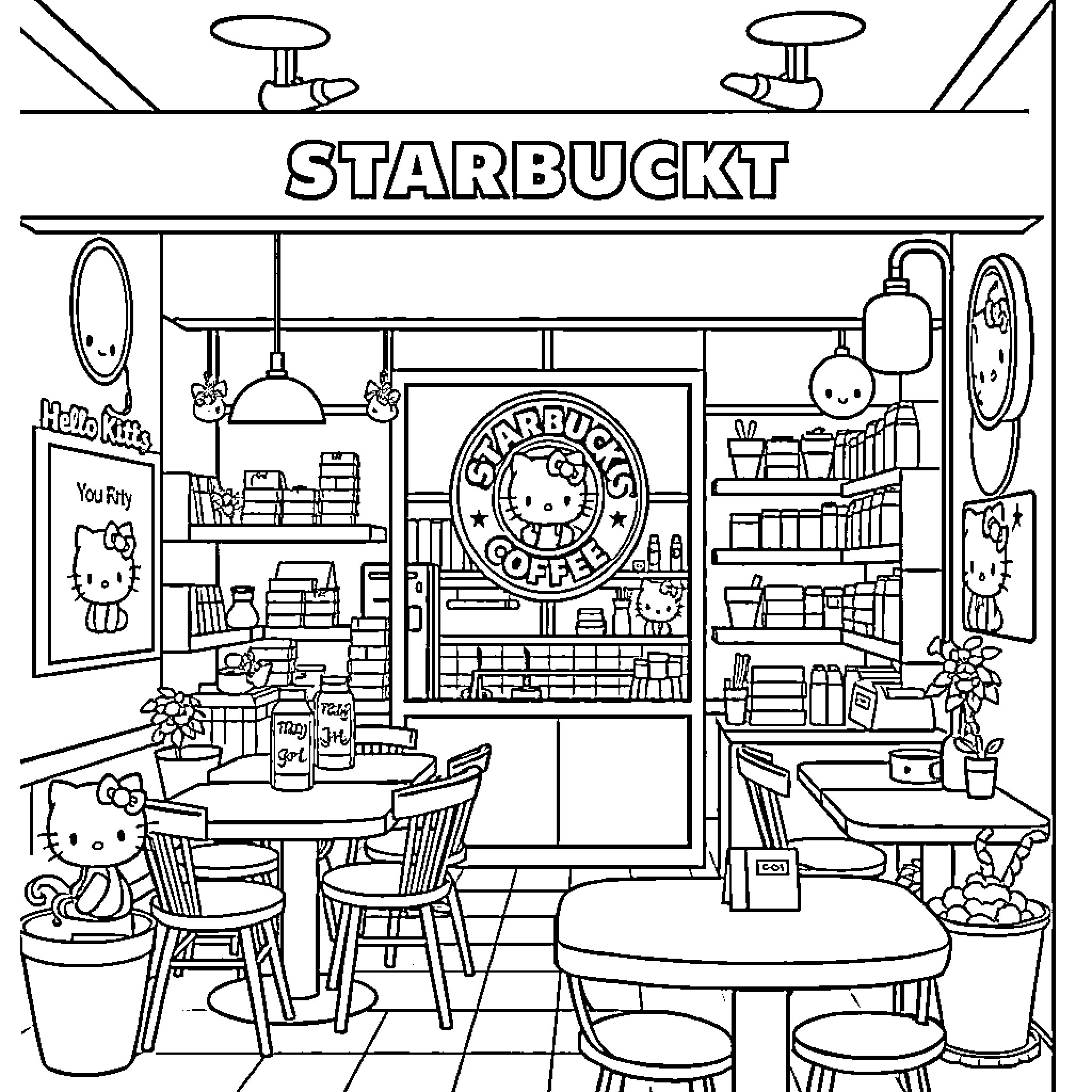 Hello Kitty at the Starbuckt Coffee Shop Coloring Page (free black-and-white line drawing printable PDF for all, from beginners to advanced learners, including children, teens, adults, and seniors)