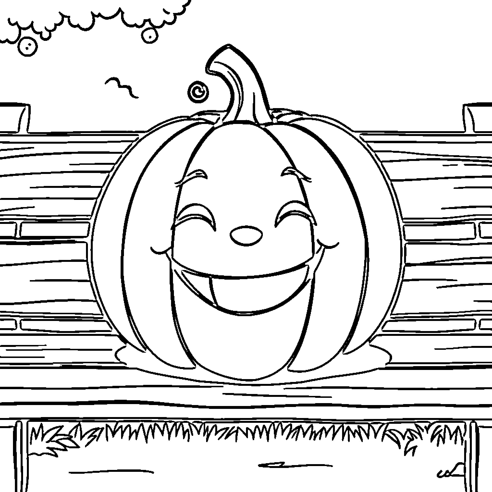 Pumpkin with a cheerful expression on a wooden bench Coloring Page (free black-and-white line drawing printable PDF for all, from beginners to advanced learners, including children, teens, adults, and seniors)