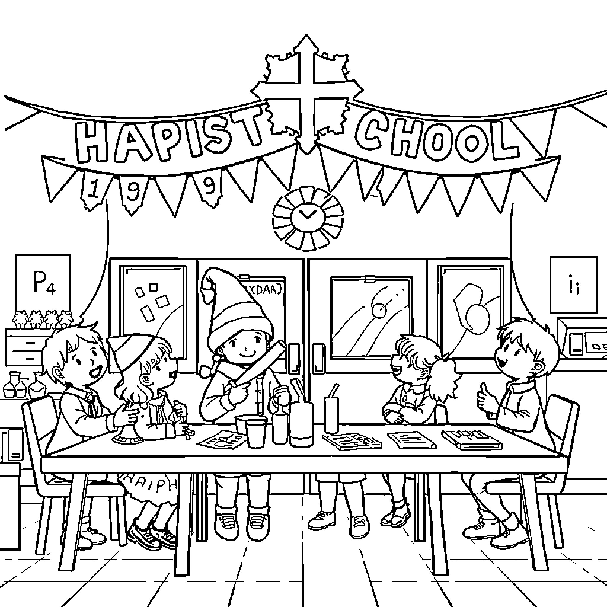 Sinterklaas celebration at a school Coloring Page (free black-and-white line drawing printable PDF for all, from beginners to advanced learners, including children, teens, adults, and seniors)