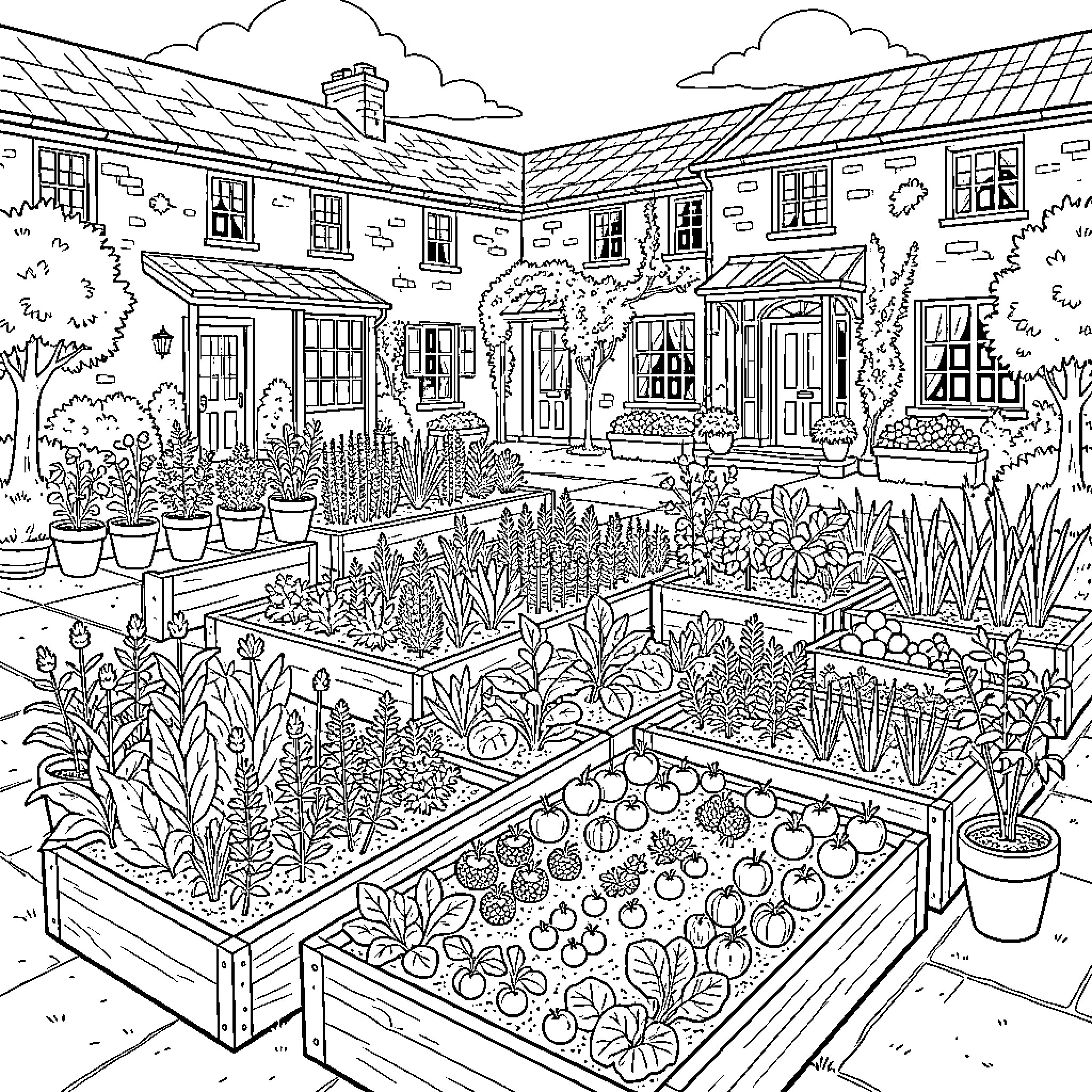Garden filled with lush plants and cozy cottages Coloring Page (free black-and-white line drawing printable PDF for all, from beginners to advanced learners, including children, teens, adults, and seniors)
