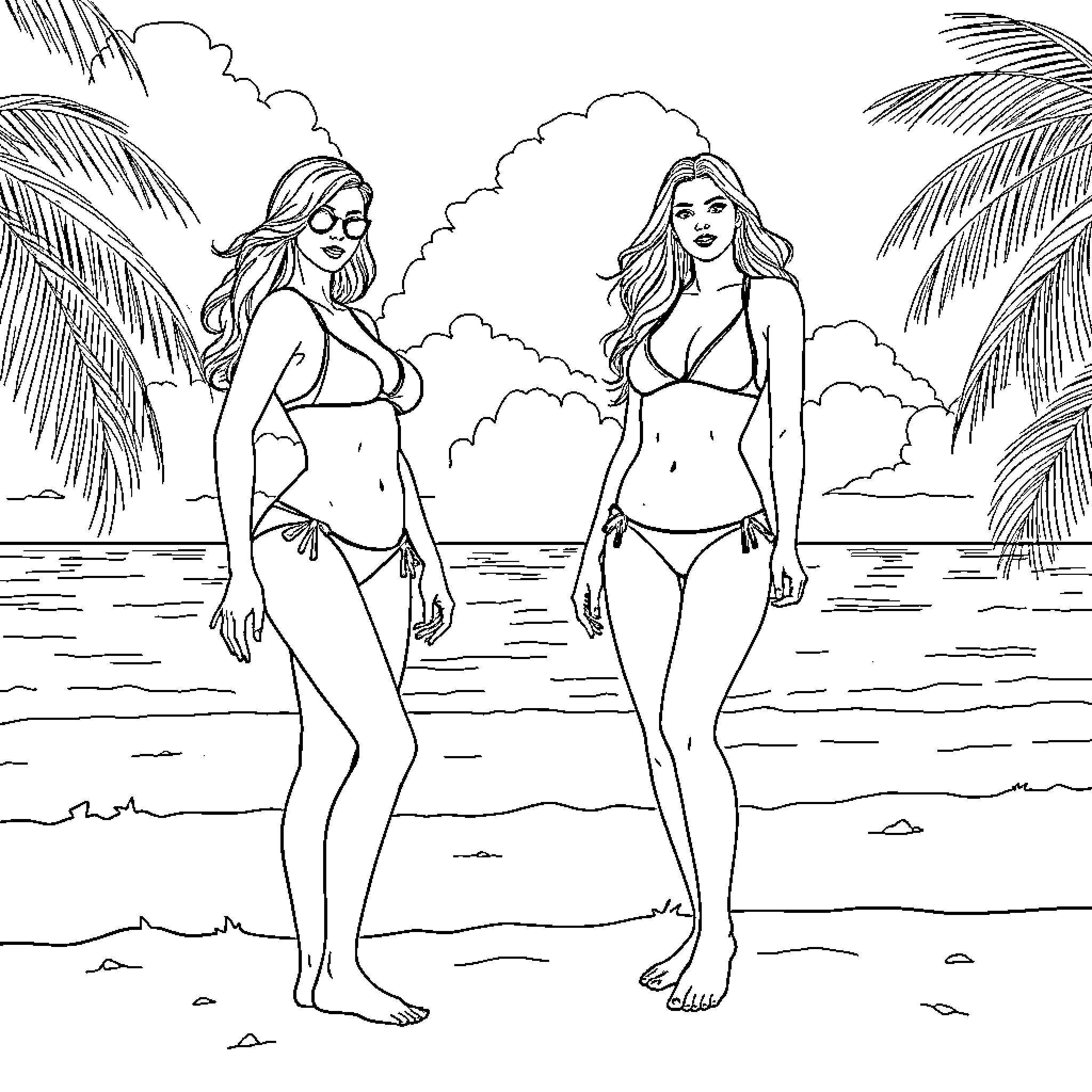 Bikini-Clad Women on the Beach Coloring Page (free black-and-white line drawing printable PDF for all, from beginners to advanced learners, including children, teens, adults, and seniors)