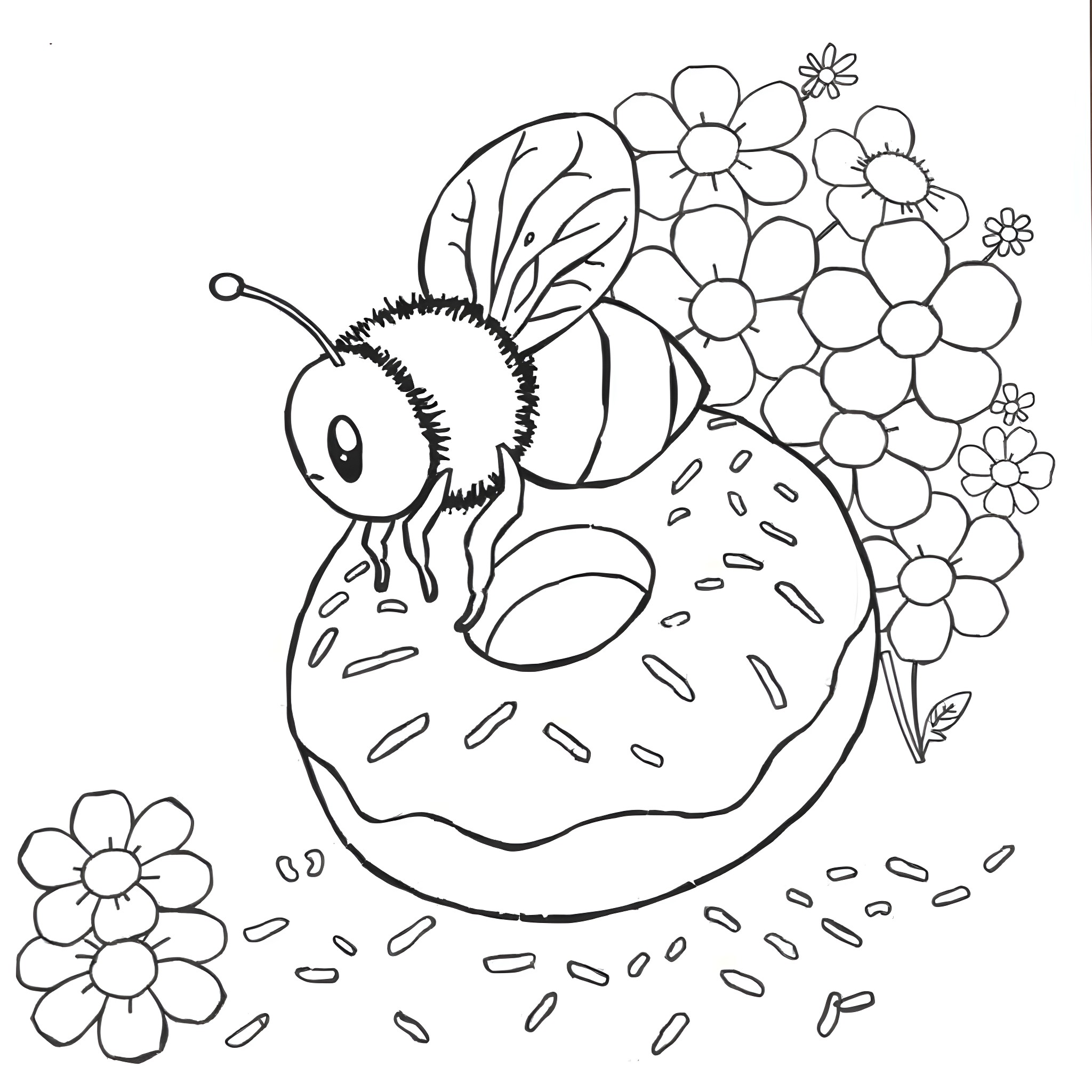 Bee carrying a flower bouquet Coloring Page (free black-and-white line drawing printable PDF for all, from beginners to advanced learners, including children, teens, adults, and seniors)