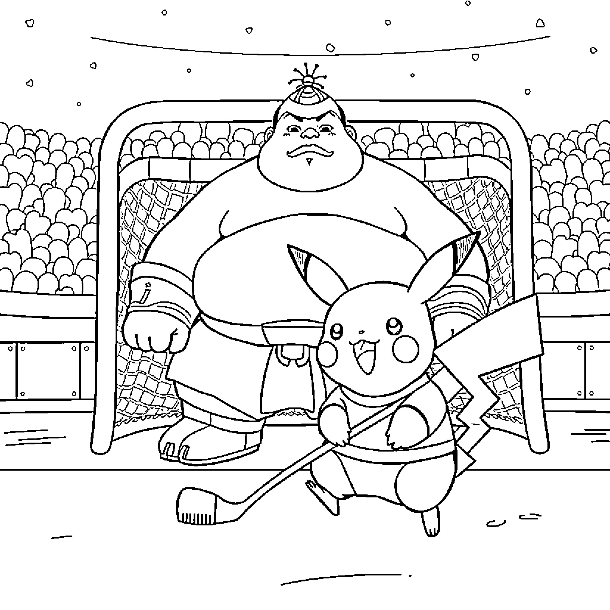 Pikachu and Sumo Wrestler in Hockey Rink Coloring Page (free black-and-white line drawing printable PDF for all, from beginners to advanced learners, including children, teens, adults, and seniors)