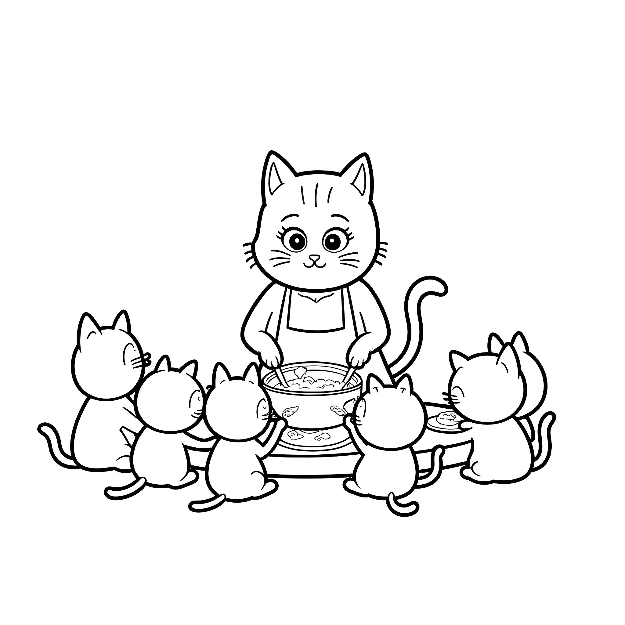 Cat sharing food with kitten friends Coloring Page (free black-and-white line drawing printable PDF for all, from beginners to advanced learners, including children, teens, adults, and seniors)