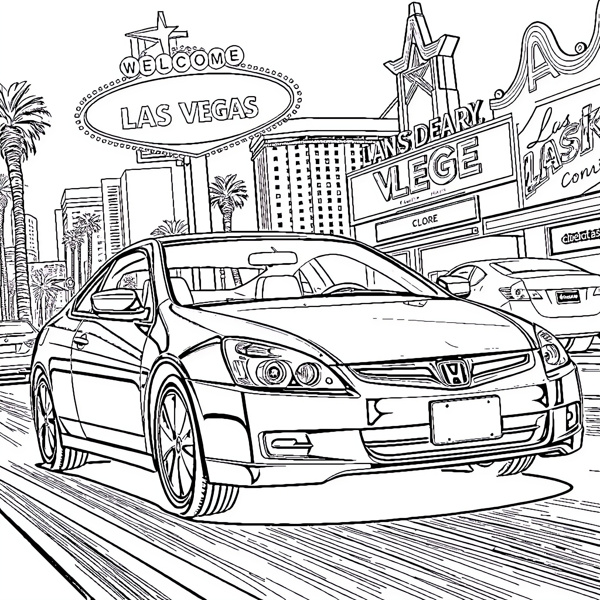 Honda Accord driving on the streets of Las Vegas Coloring Page (free black-and-white line drawing printable PDF for all, from beginners to advanced learners, including children, teens, adults, and seniors)