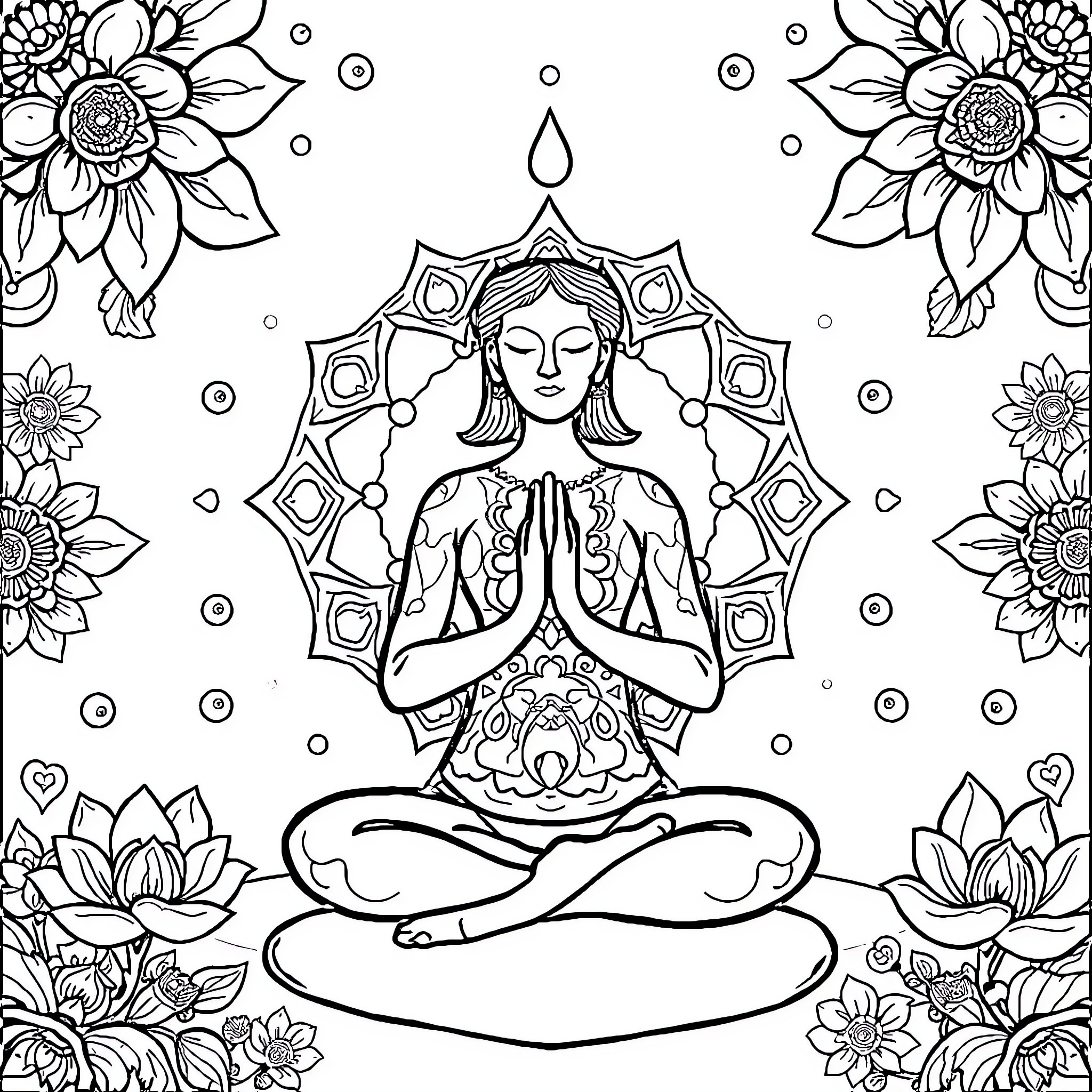 Mindfulness - Serene Meditation Amidst Floral Blossoms Coloring Page (free black-and-white line drawing printable PDF for all, from beginners to advanced learners, including children, teens, adults, and seniors)