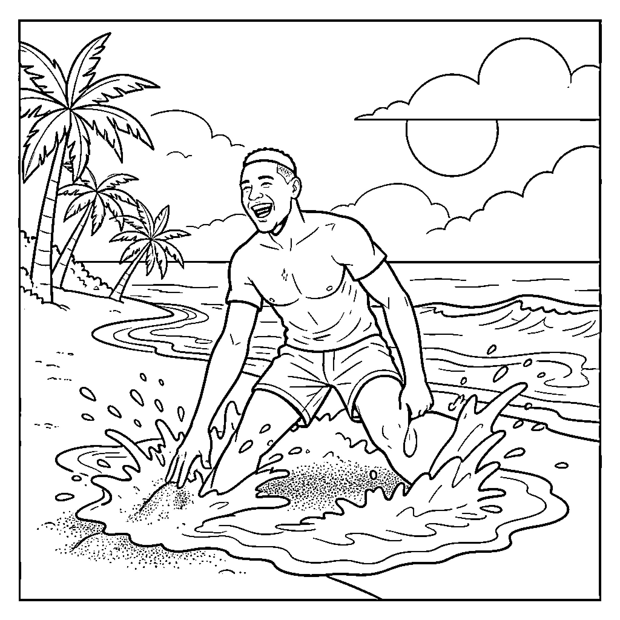 Neymar laughing while splashing water on a tropical beach Coloring Page (free black-and-white line drawing printable PDF for all, from beginners to advanced learners, including children, teens, adults, and seniors)