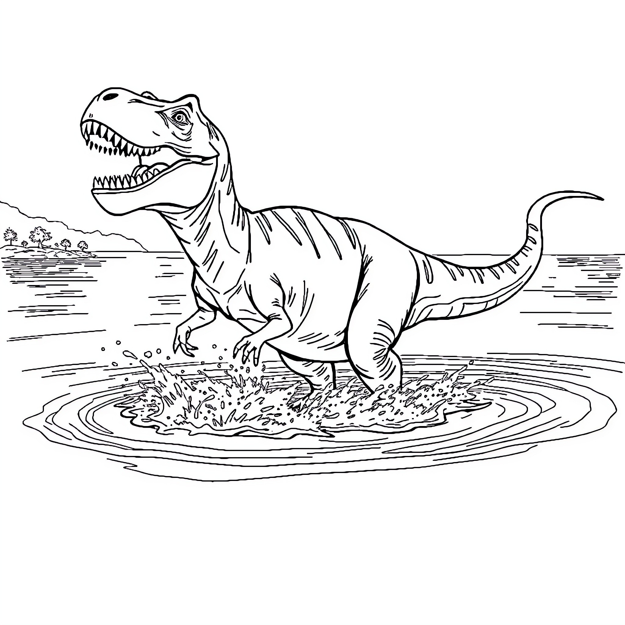 T-Rex Stomping Through Muddy Puddle Coloring Page (free black-and-white line drawing printable PDF for all, from beginners to advanced learners, including children, teens, adults, and seniors)