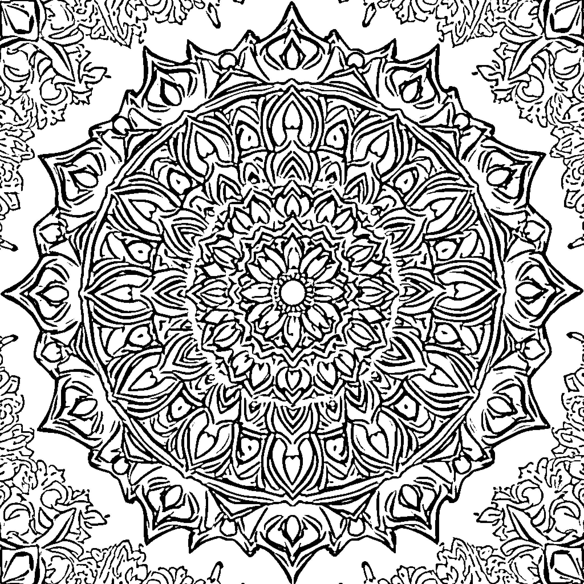 Mandala of intricate floral patterns Coloring Page (free black-and-white line drawing printable PDF for all, from beginners to advanced learners, including children, teens, adults, and seniors)