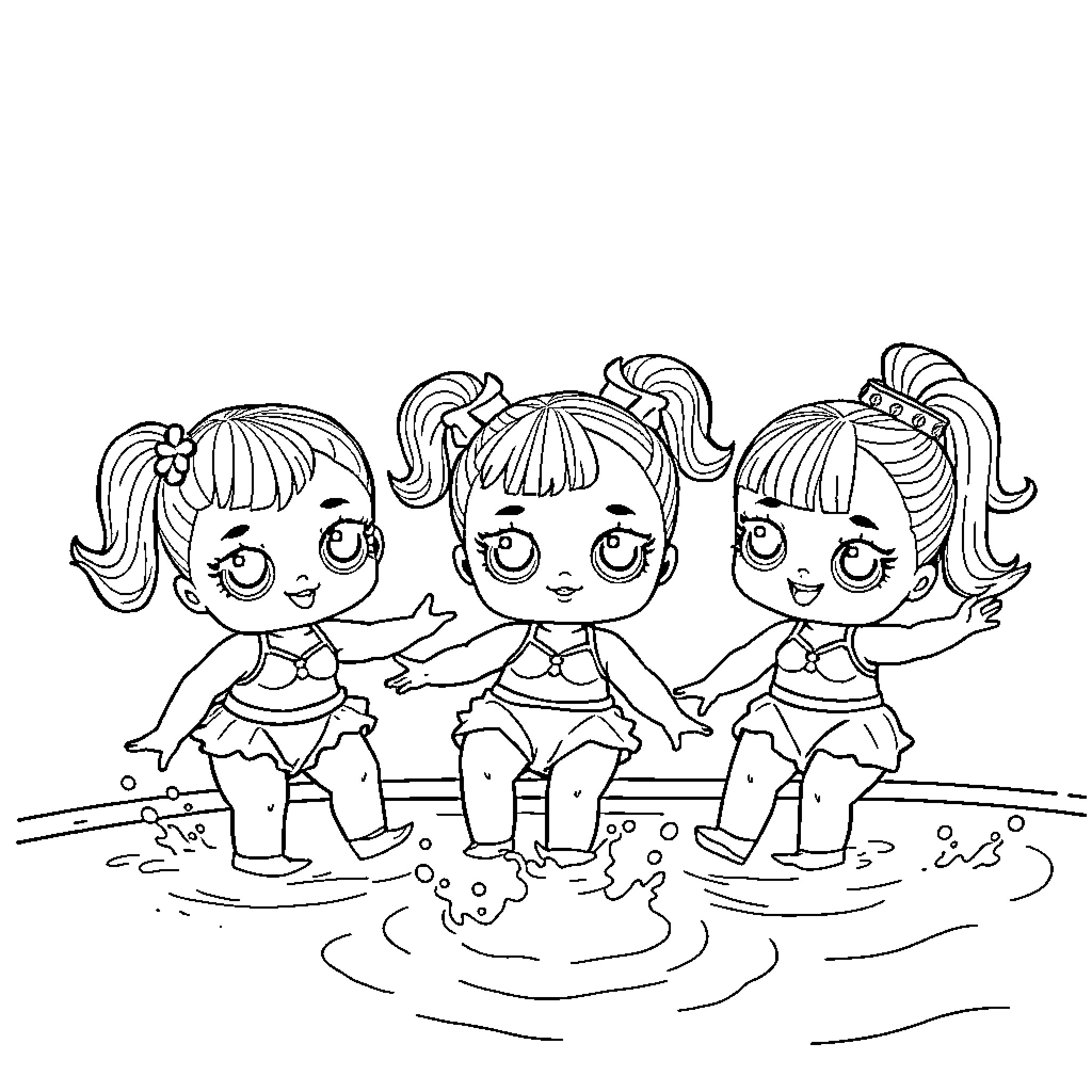 L.O.L. Doll trio in playful water scene Coloring Page (free black-and-white line drawing printable PDF for all, from beginners to advanced learners, including children, teens, adults, and seniors)