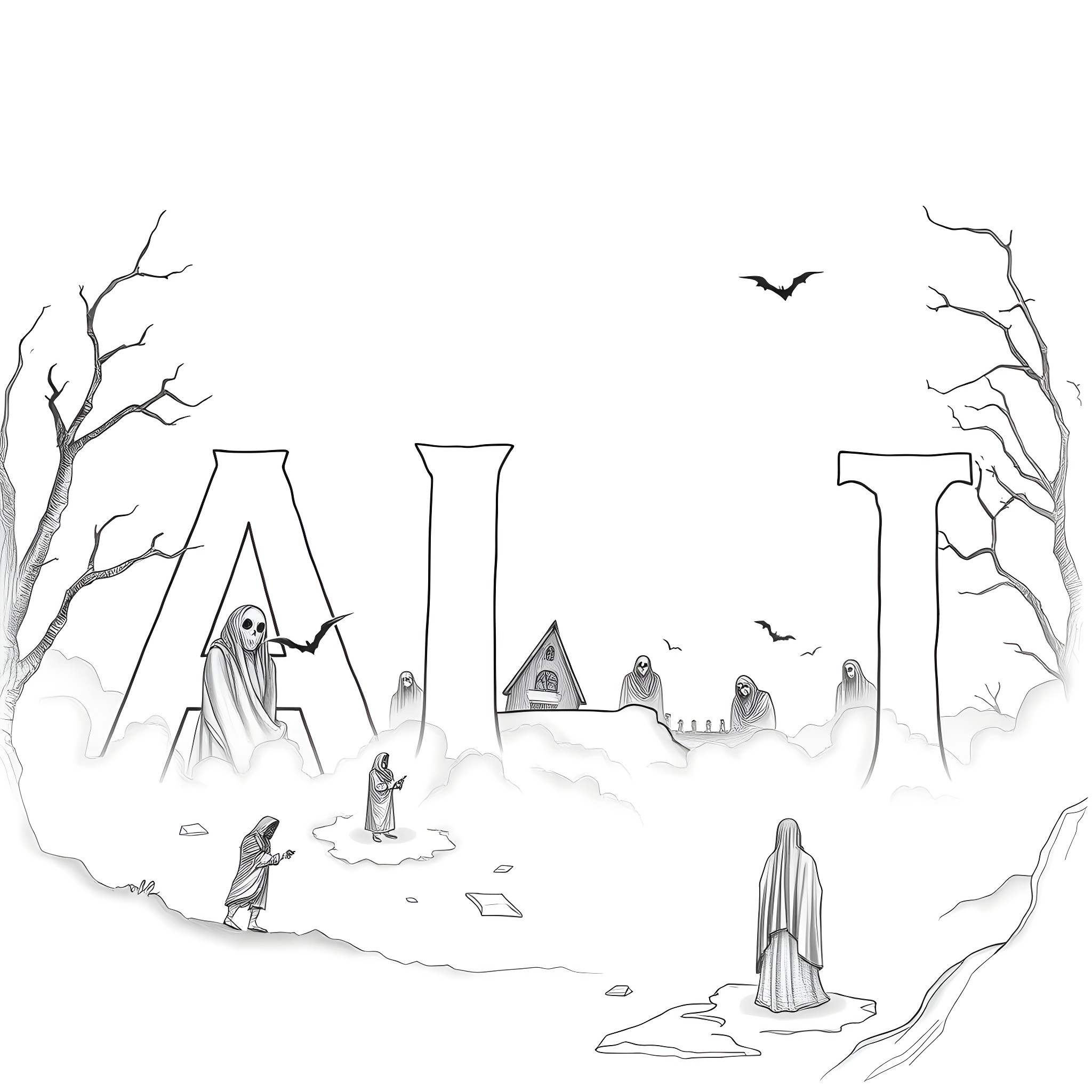 ALI: Eerie Figures in Haunting Landscape Coloring Page (free black-and-white line drawing printable PDF for all, from beginners to advanced learners, including children, teens, adults, and seniors)