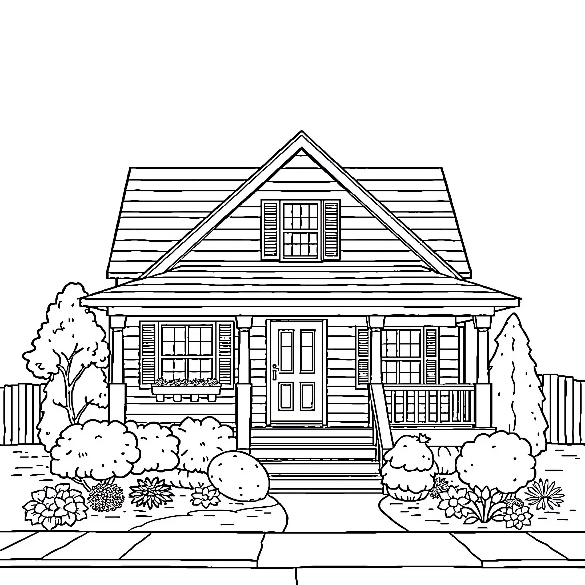 House with Detailed Exterior and Garden Coloring Page (free black-and-white line drawing printable PDF for all, from beginners to advanced learners, including children, teens, adults, and seniors)