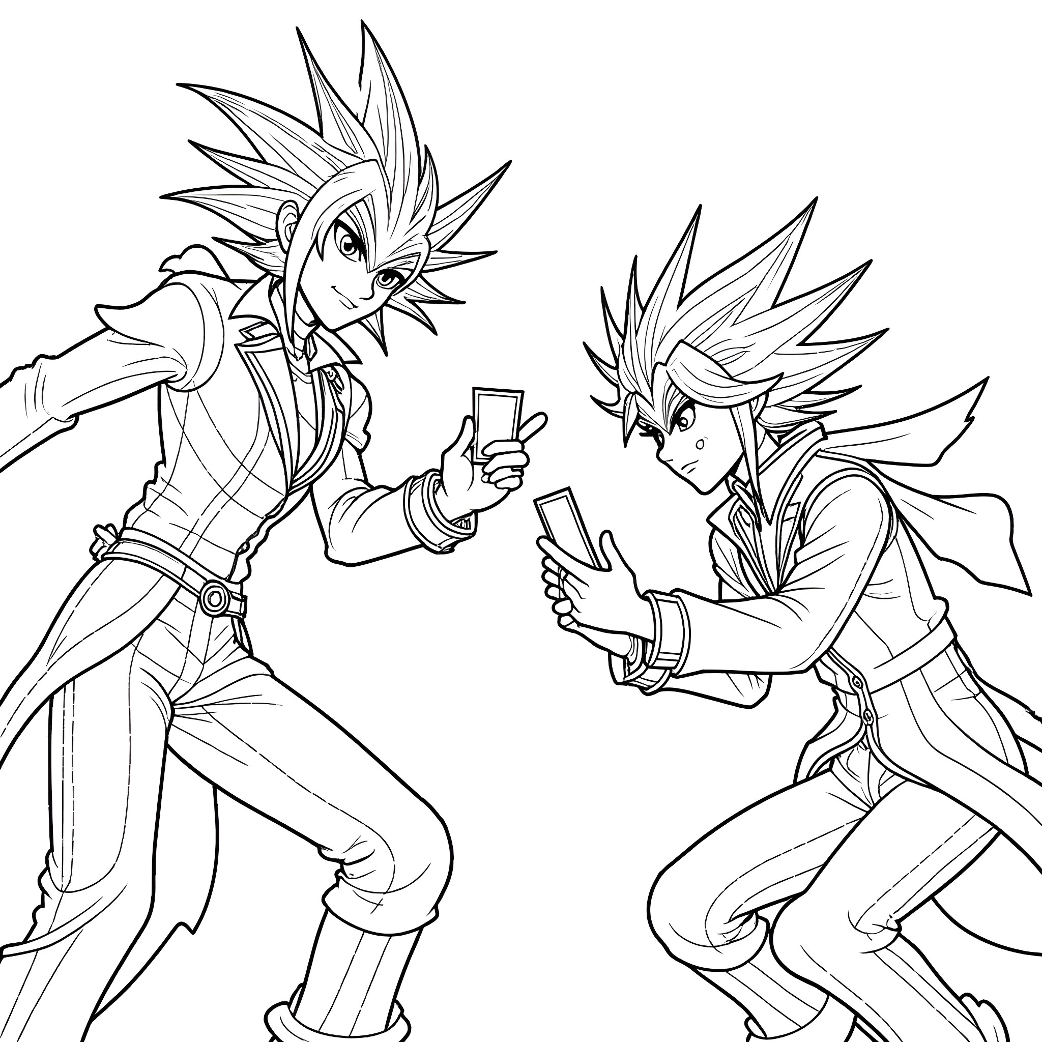 Yu-Gi-Oh: Protagonists in Dramatic Pose Coloring Page (free black-and-white line drawing printable PDF for all, from beginners to advanced learners, including children, teens, adults, and seniors)