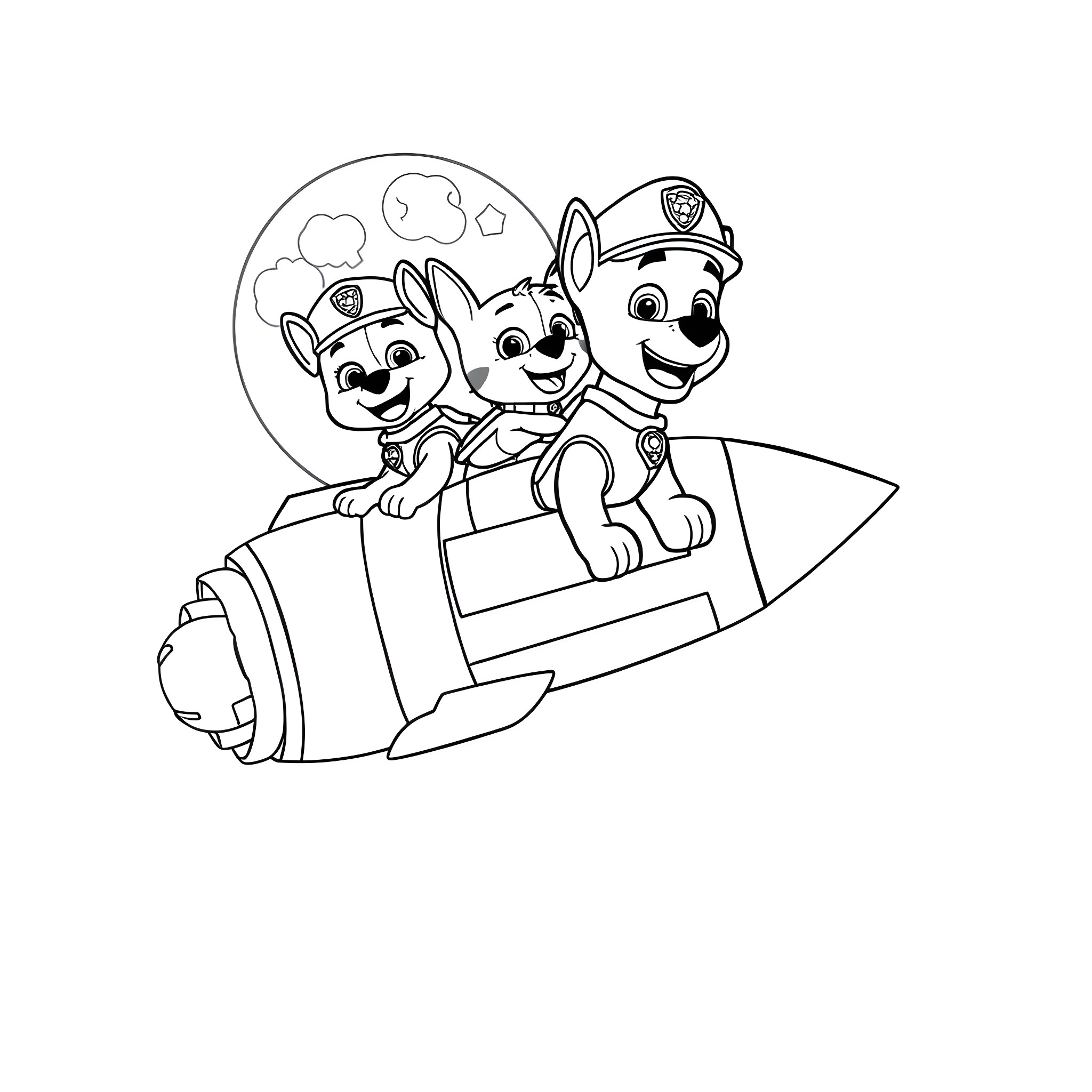 Paw Patrol characters riding a rocket ship Coloring Page (free black-and-white line drawing printable PDF for all, from beginners to advanced learners, including children, teens, adults, and seniors)