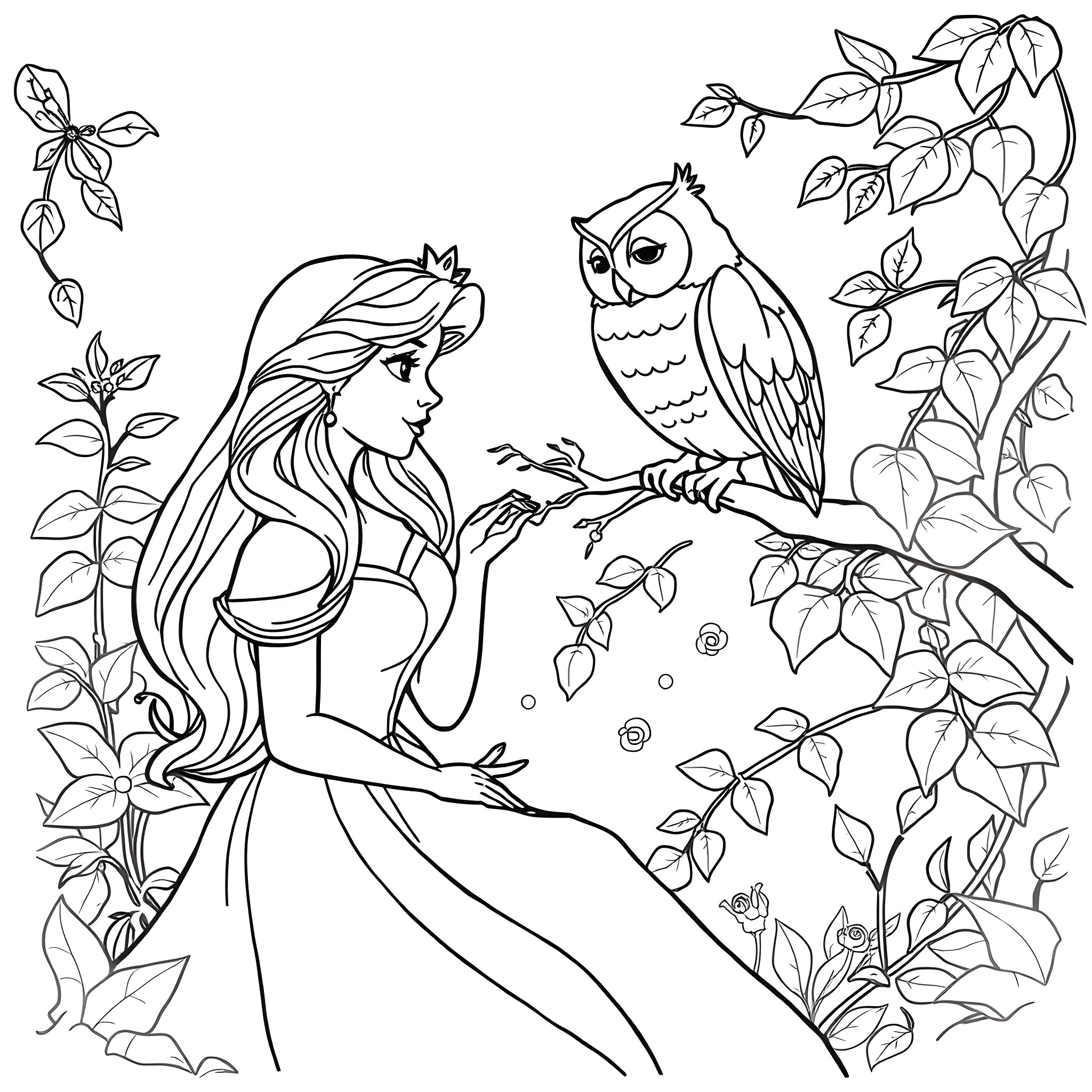 Owl meets a woman in the garden Coloring Page (free black-and-white line drawing printable PDF for all, from beginners to advanced learners, including children, teens, adults, and seniors)