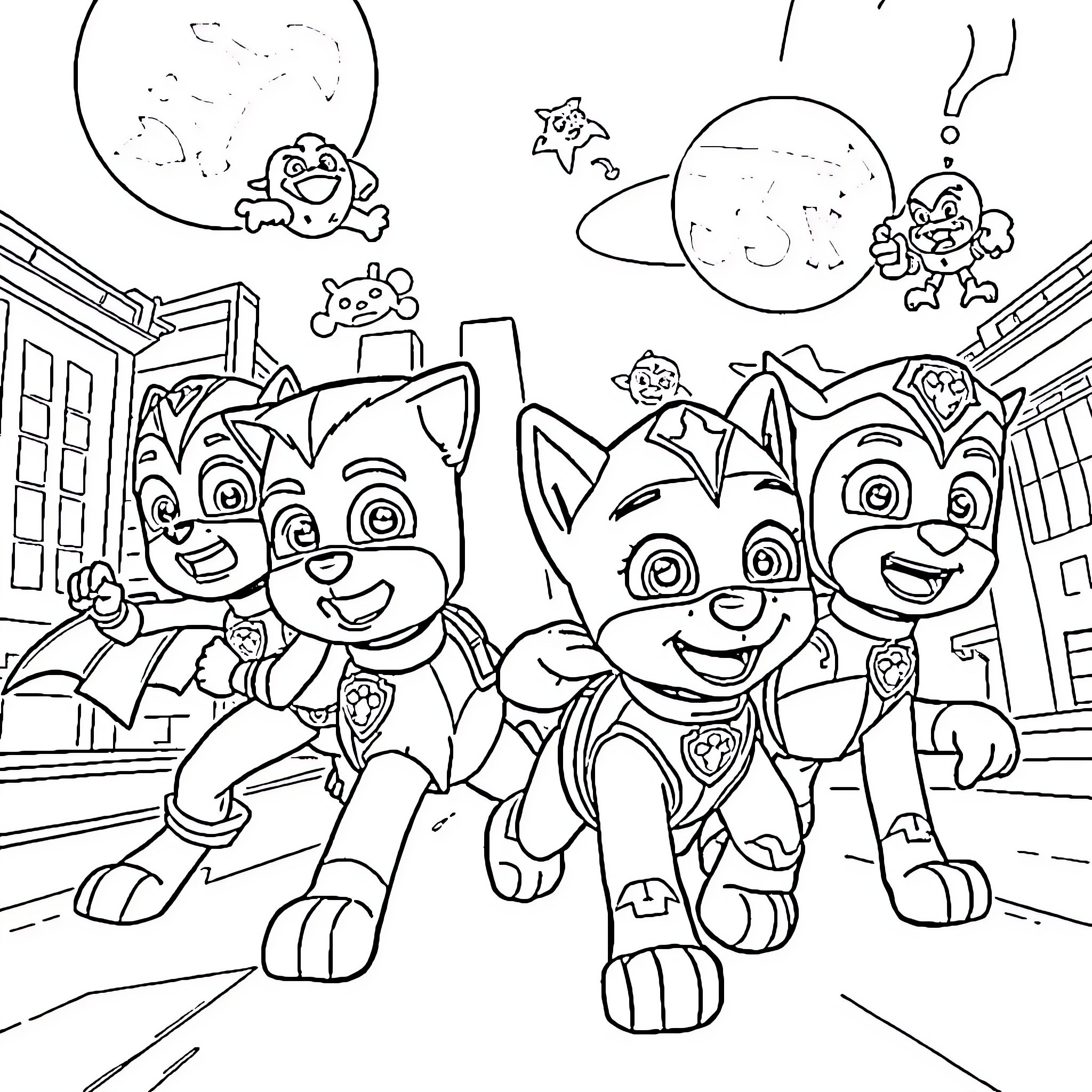 Paw Patrol characters in a cityscape adventure Coloring Page (free black-and-white line drawing printable PDF for all, from beginners to advanced learners, including children, teens, adults, and seniors)