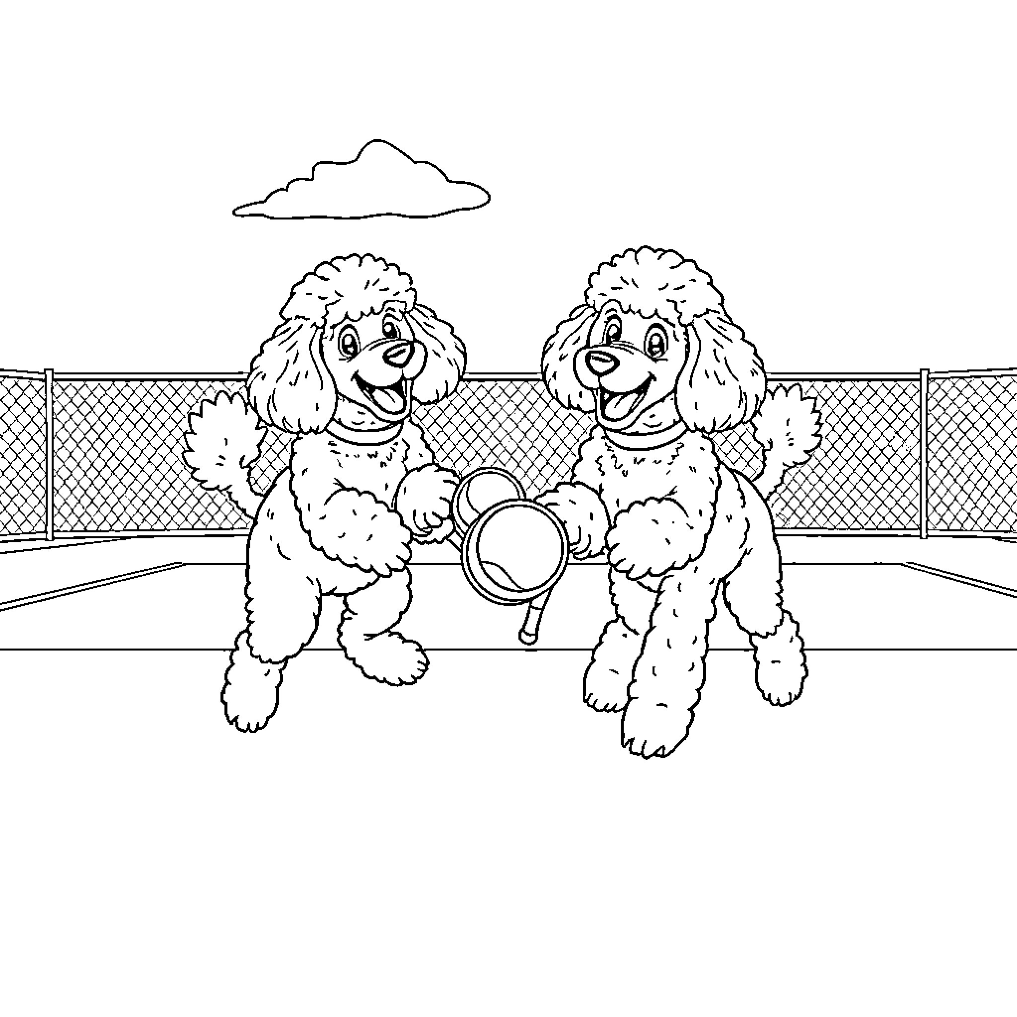 Poodle pals playing together in the dog park Coloring Page (free black-and-white line drawing printable PDF for all, from beginners to advanced learners, including children, teens, adults, and seniors)