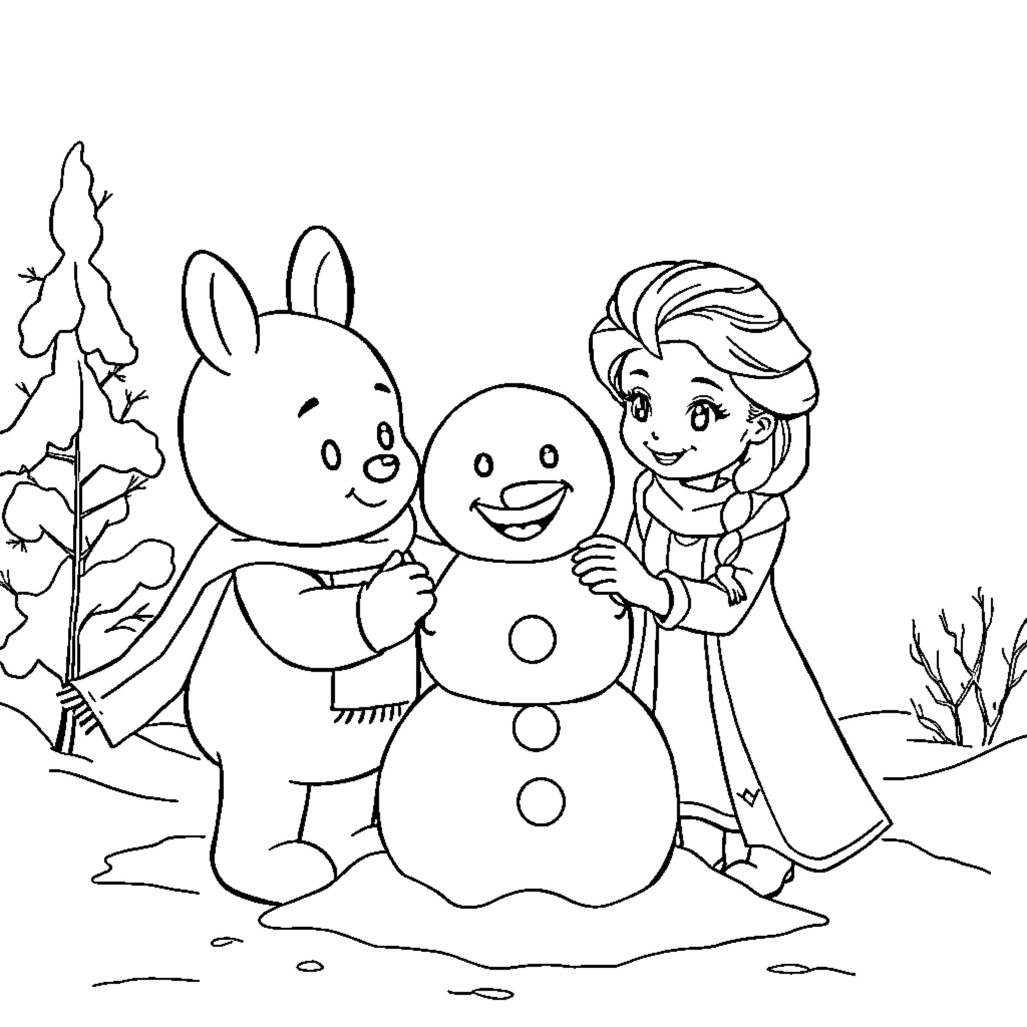 Winnie Puuh and friends build a snowman together Coloring Page (free black-and-white line drawing printable PDF for all, from beginners to advanced learners, including children, teens, adults, and seniors)
