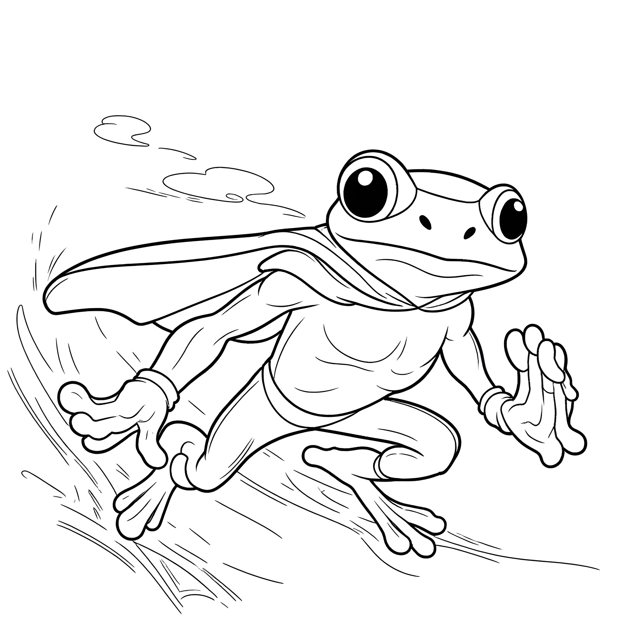 Superhero Frog Leaping into Adventure Coloring Page (free black-and-white line drawing printable PDF for all, from beginners to advanced learners, including children, teens, adults, and seniors)