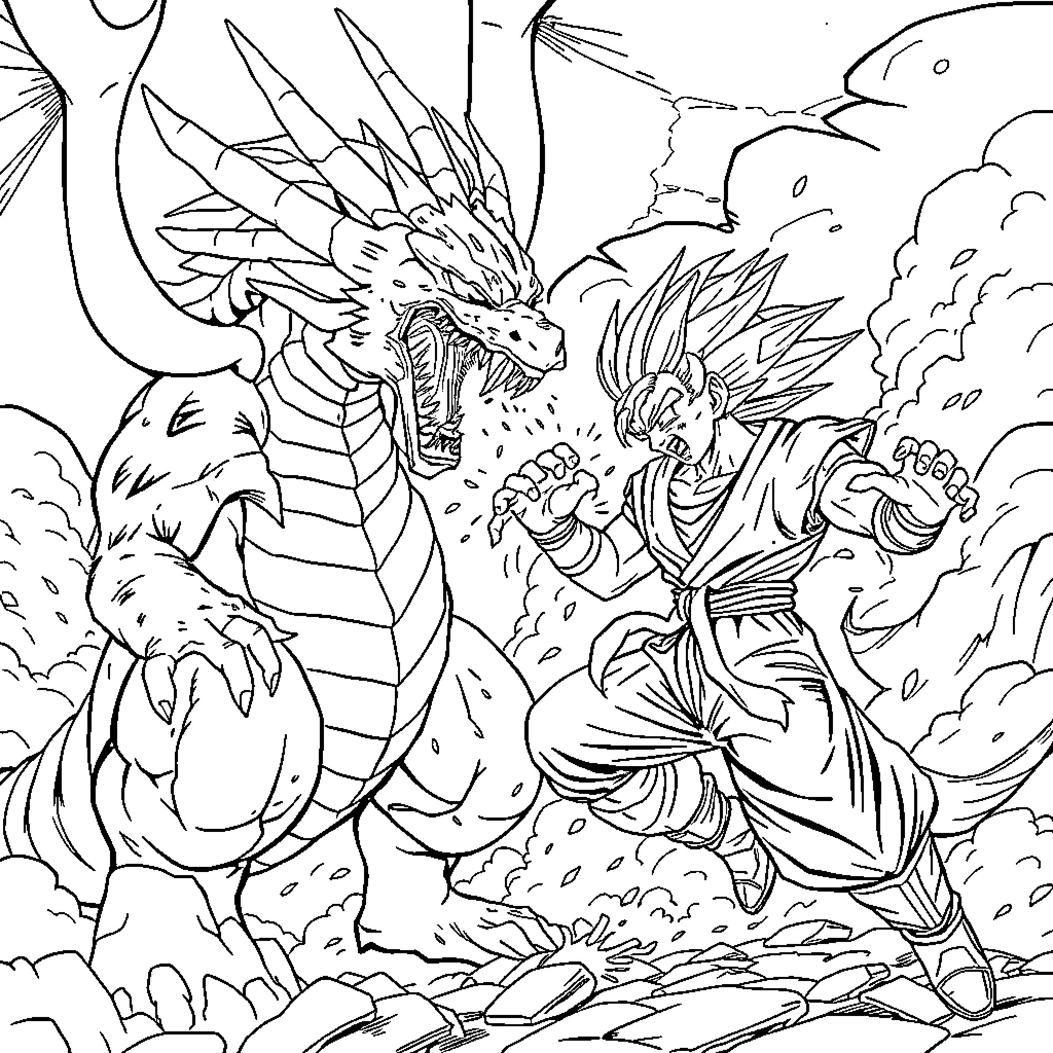 Dragon battle with warrior in combat scene Coloring Page (free black-and-white line drawing printable PDF for all, from beginners to advanced learners, including children, teens, adults, and seniors)