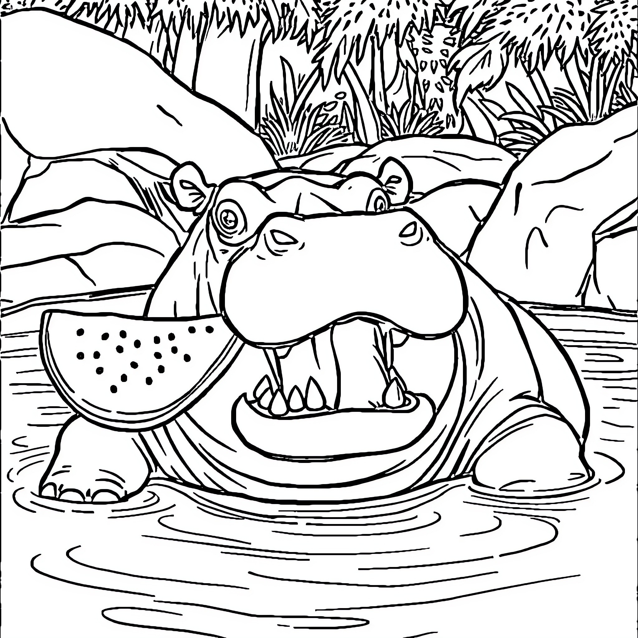 Hippopotamus enjoying a refreshing watermelon snack Coloring Page (free black-and-white line drawing printable PDF for all, from beginners to advanced learners, including children, teens, adults, and seniors)