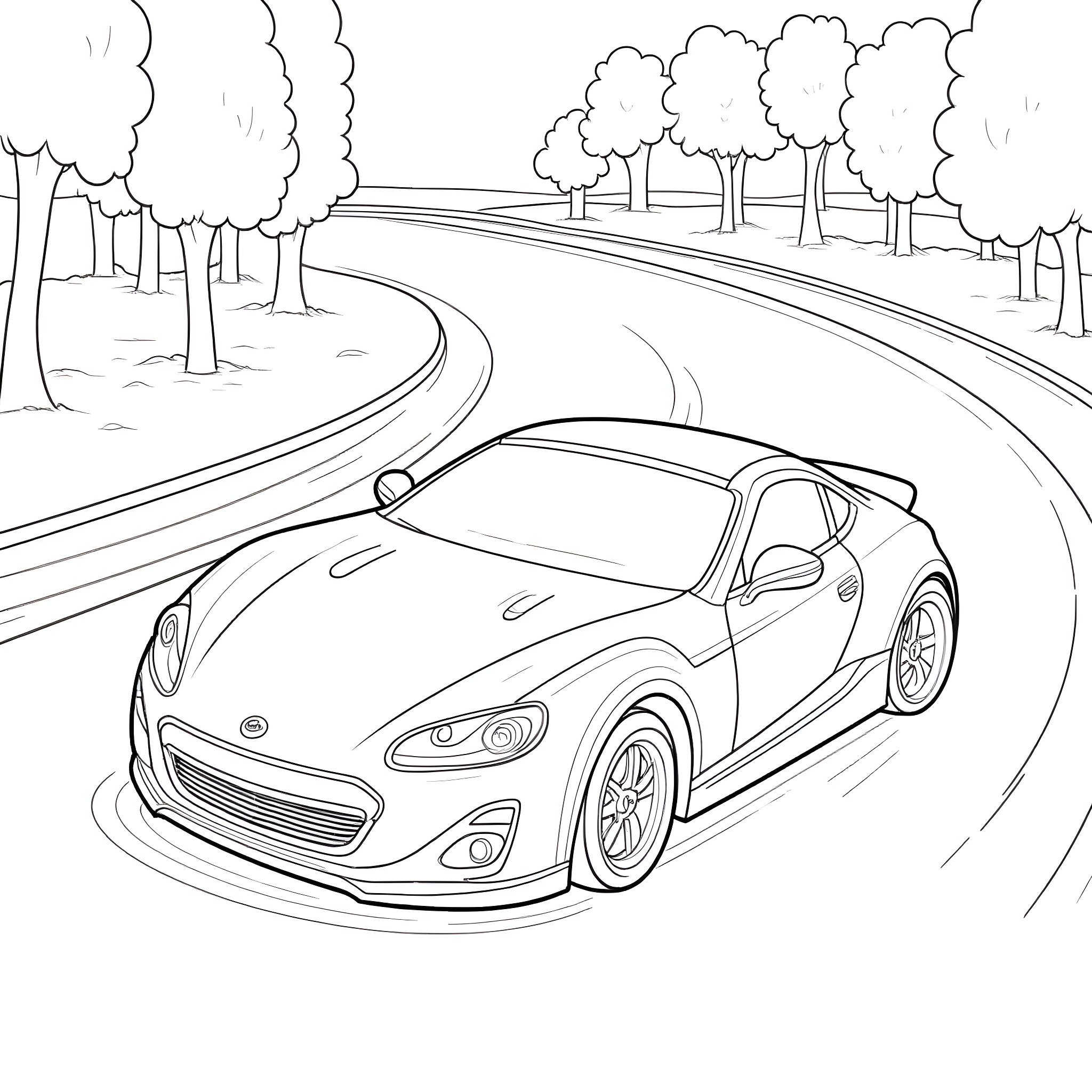 Sports Car Racing on Winding Road through Forest Coloring Page (free black-and-white line drawing printable PDF for all, from beginners to advanced learners, including children, teens, adults, and seniors)