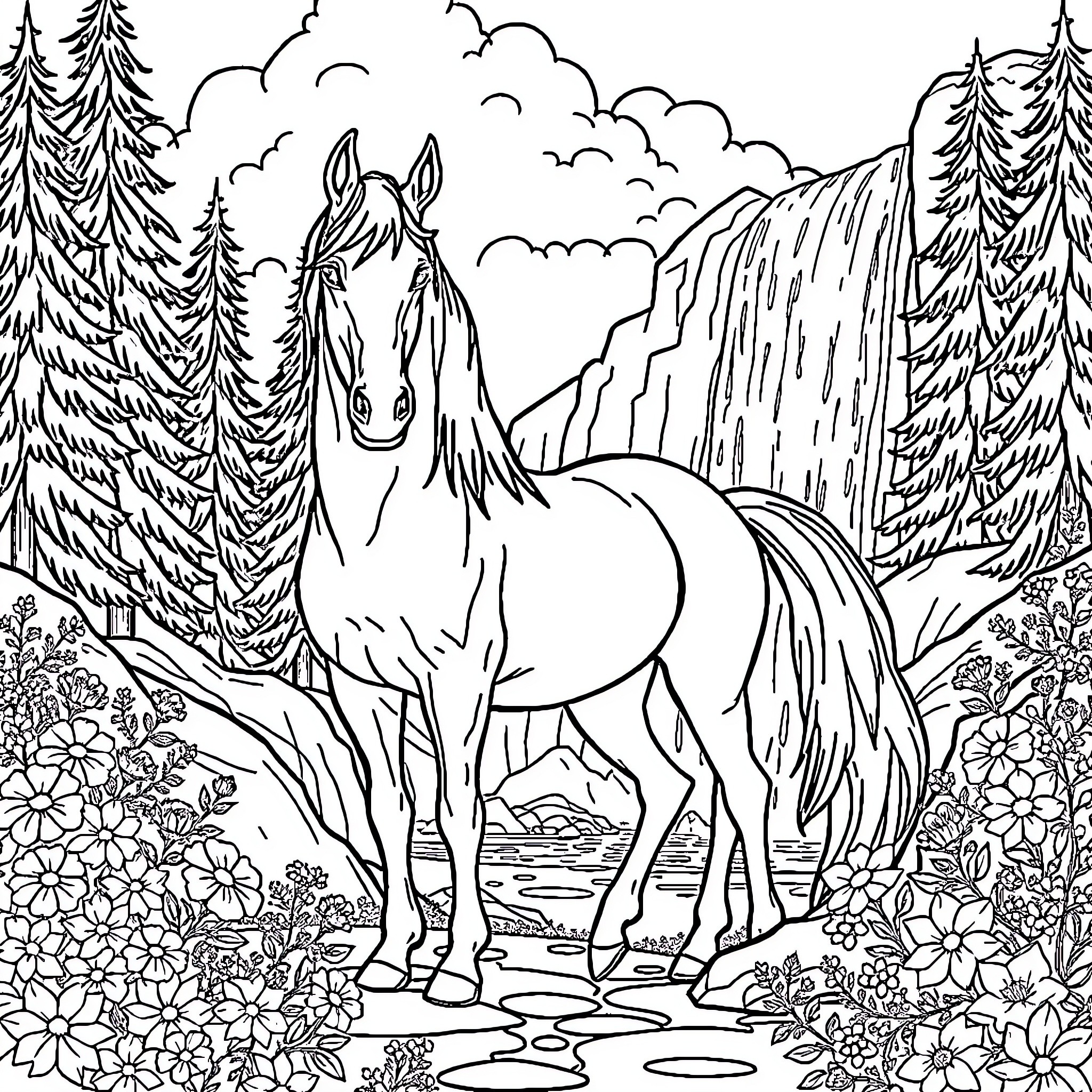 Horse standing in scenic mountain landscape Coloring Page (free black-and-white line drawing printable PDF for all, from beginners to advanced learners, including children, teens, adults, and seniors)