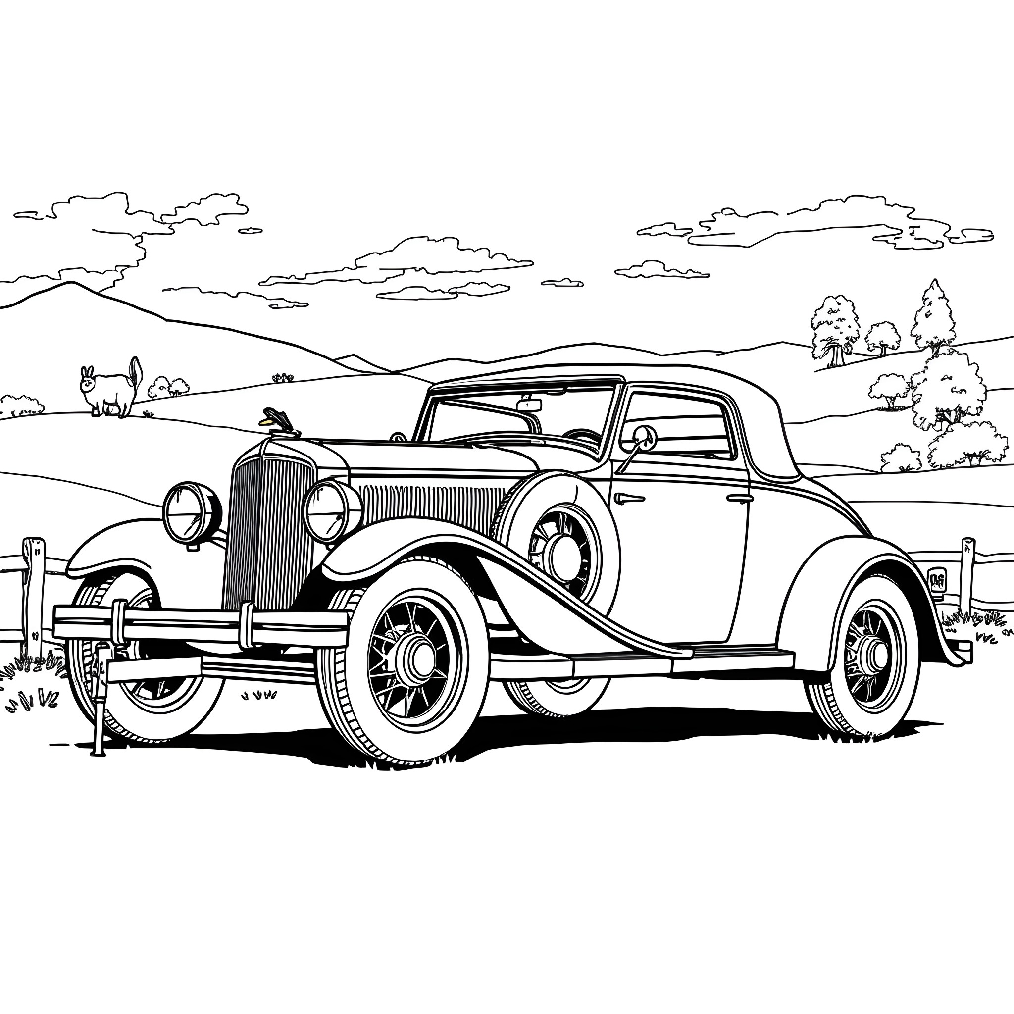 Classic Car Driving Through Scenic Countryside Coloring Page (free black-and-white line drawing printable PDF for all, from beginners to advanced learners, including children, teens, adults, and seniors)