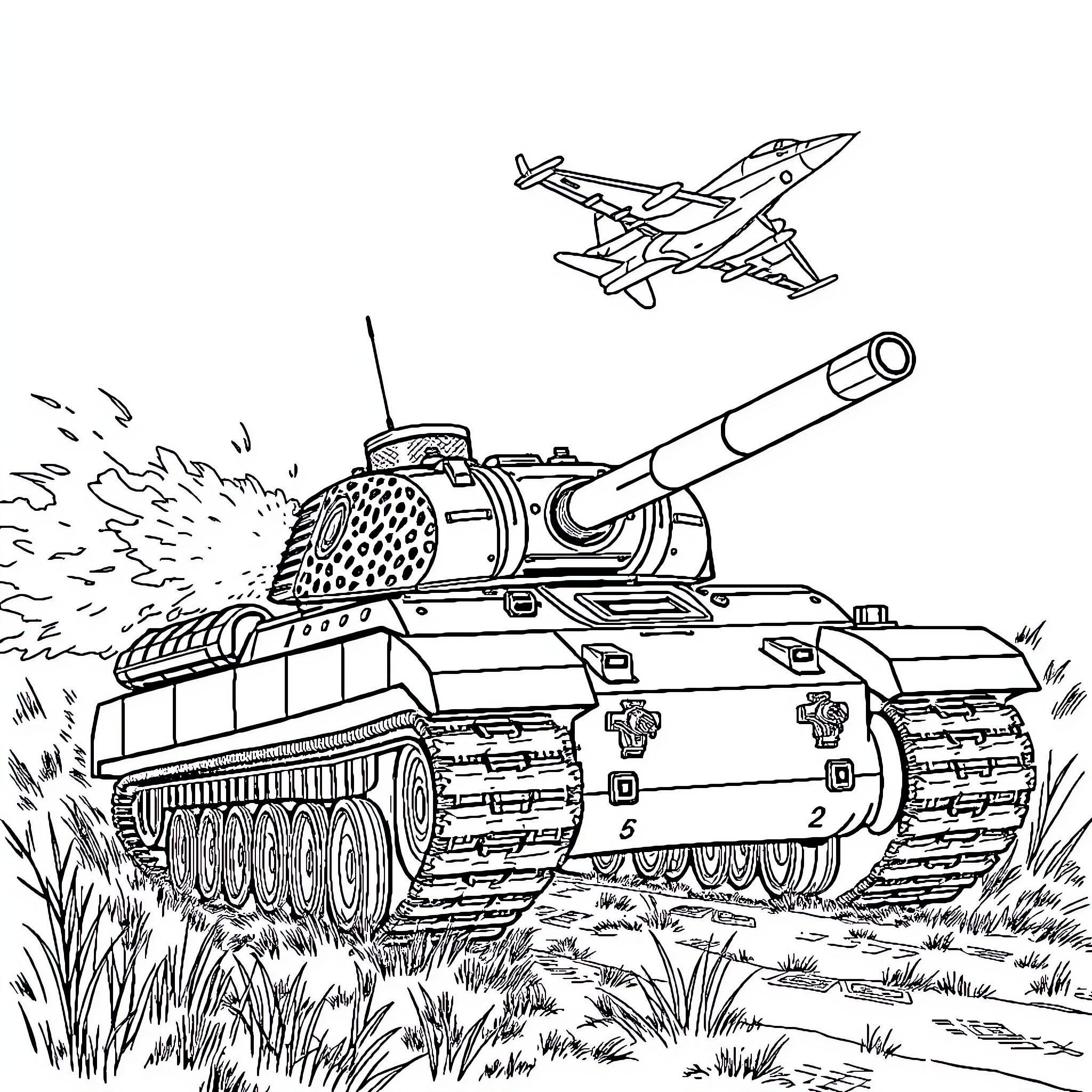 Leopard tank firing in military combat with jet fighter Coloring Page (free black-and-white line drawing printable PDF for all, from beginners to advanced learners, including children, teens, adults, and seniors)