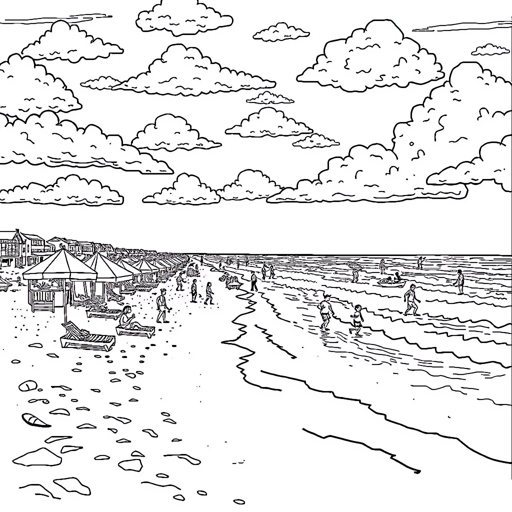 Beach scene with people enjoying the sunny day Coloring Page (free black-and-white line drawing printable PDF for all, from beginners to advanced learners, including children, teens, adults, and seniors)