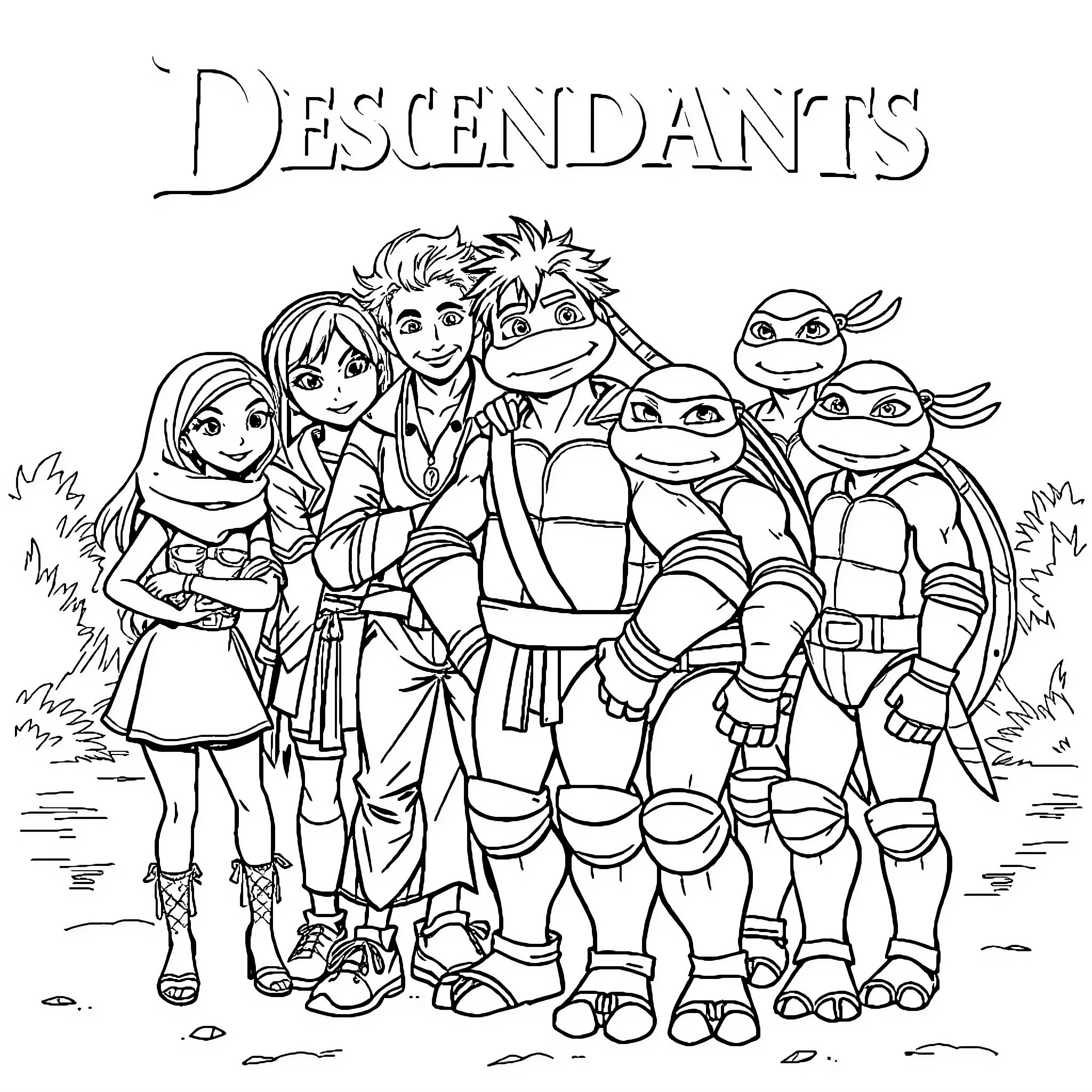Descendants of a Group Posing Together Coloring Page (free black-and-white line drawing printable PDF for all, from beginners to advanced learners, including children, teens, adults, and seniors)