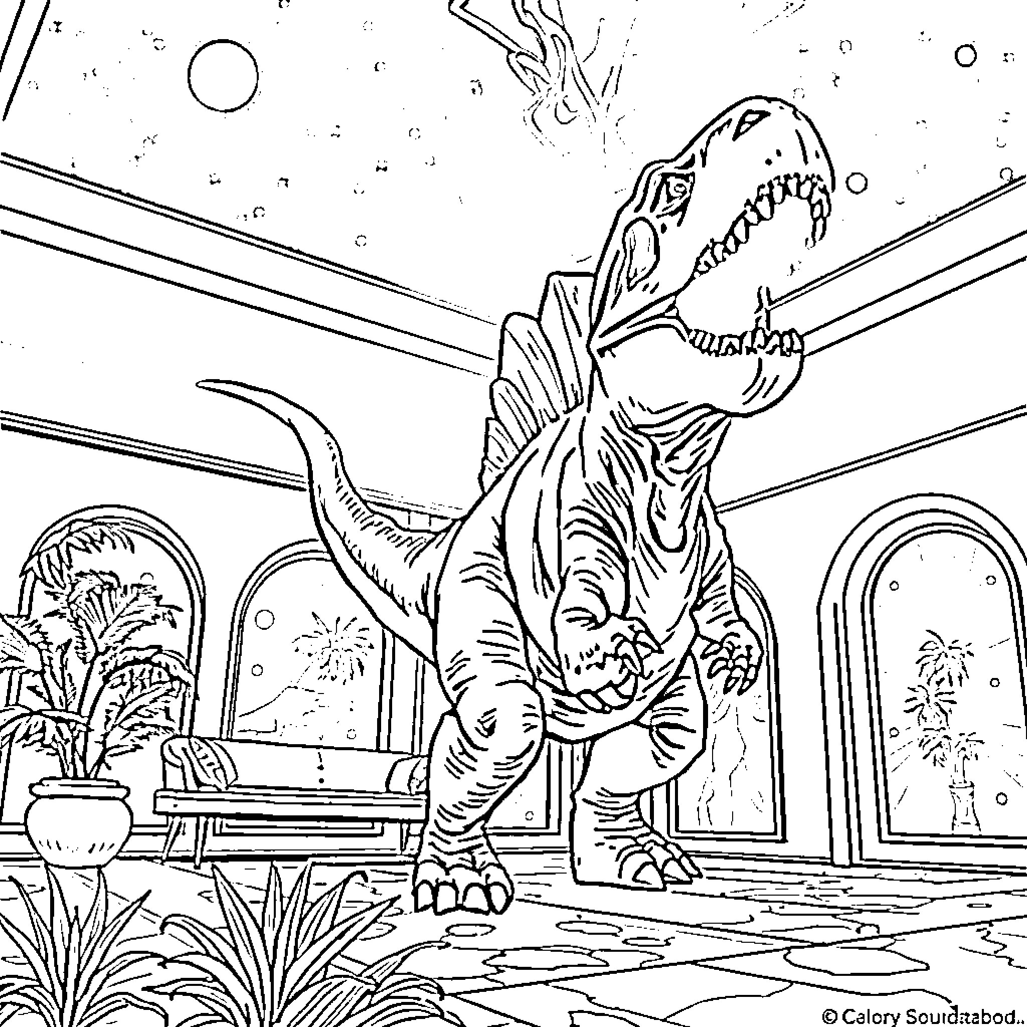 Tyrannosaurus Roaring in Prehistoric Exhibit Coloring Page (free black-and-white line drawing printable PDF for all, from beginners to advanced learners, including children, teens, adults, and seniors)