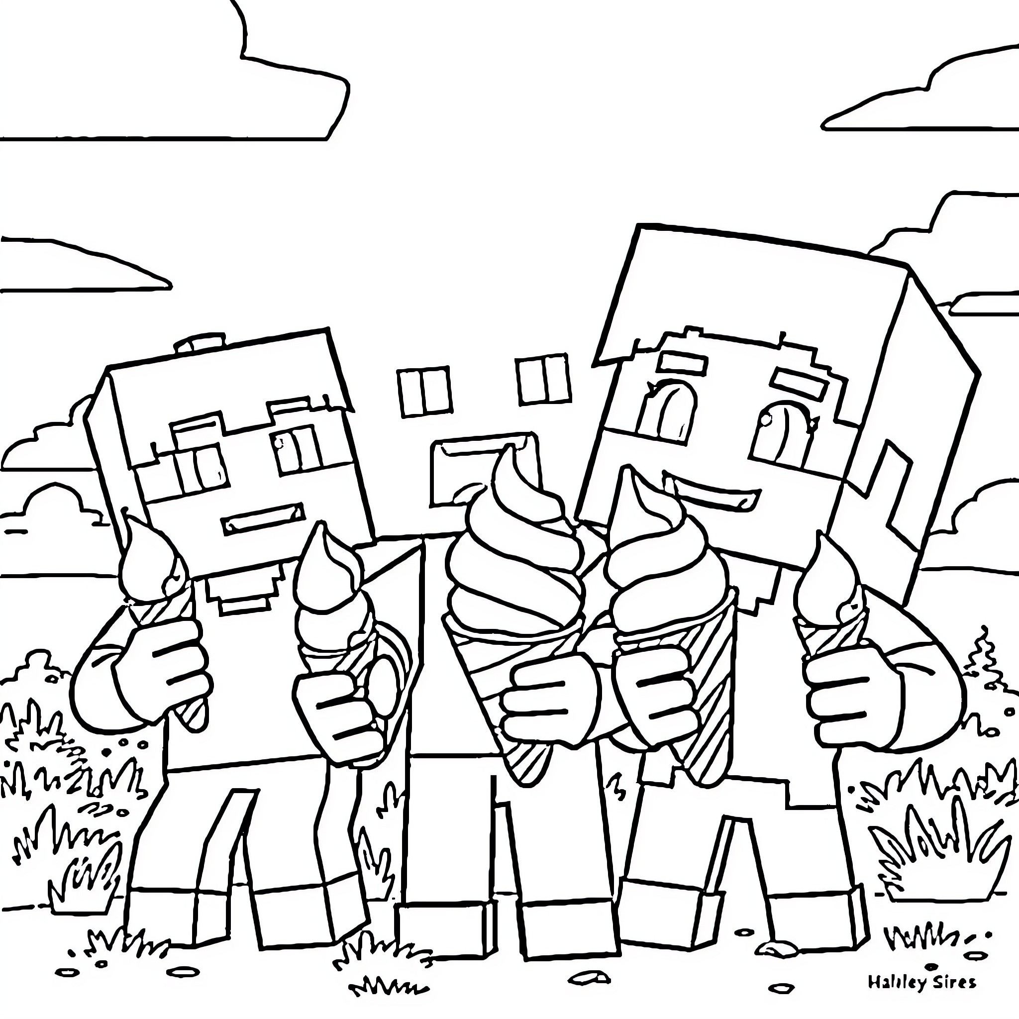 Minecraft Characters Exploring a Village Coloring Page (free black-and-white line drawing printable PDF for all, from beginners to advanced learners, including children, teens, adults, and seniors)