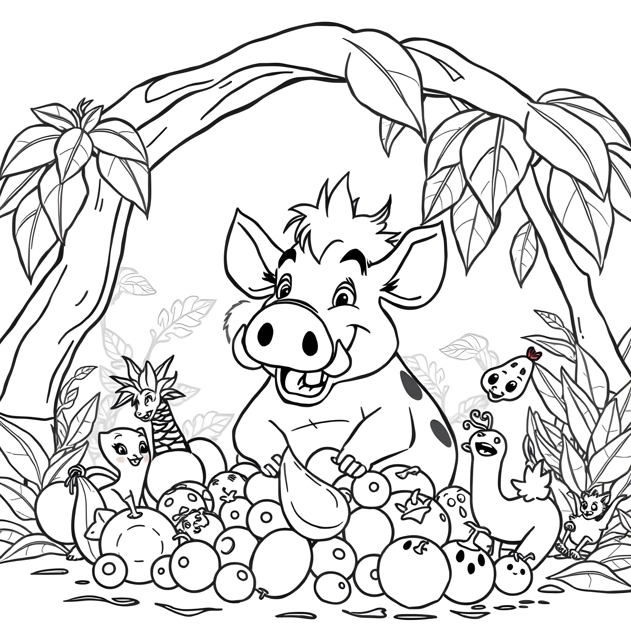 Pumbaa enjoying the lush jungle with animal friends Coloring Page (free black-and-white line drawing printable PDF for all, from beginners to advanced learners, including children, teens, adults, and seniors)