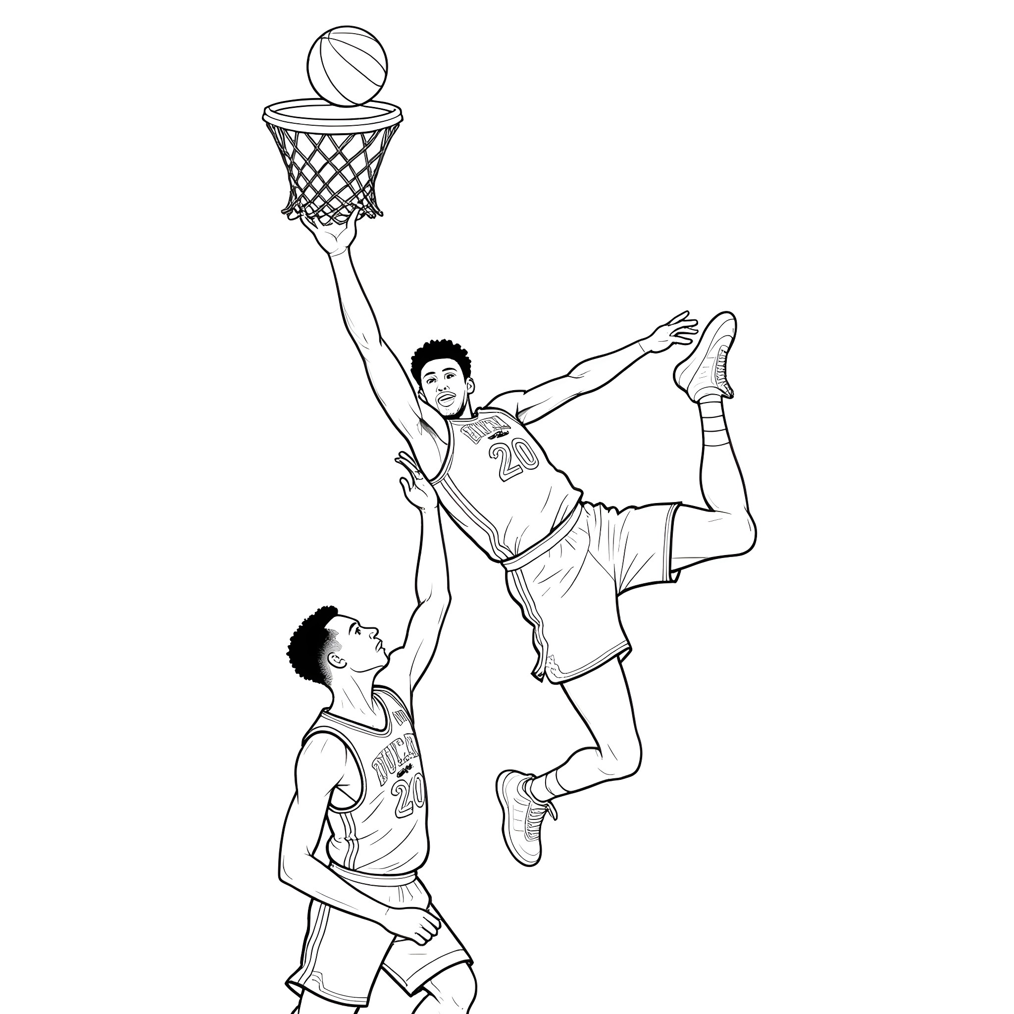 Giannis making a dynamic basketball dunk Coloring Page (free black-and-white line drawing printable PDF for all, from beginners to advanced learners, including children, teens, adults, and seniors)