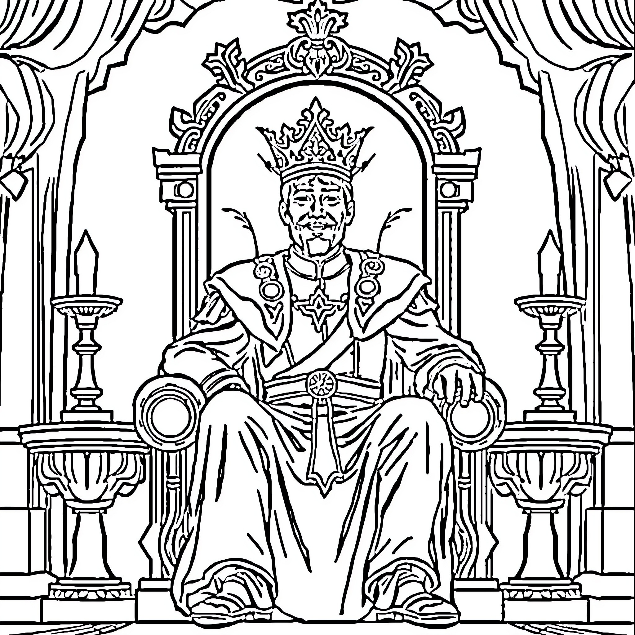 Prince seated on an ornate throne Coloring Page (free black-and-white line drawing printable PDF for all, from beginners to advanced learners, including children, teens, adults, and seniors)