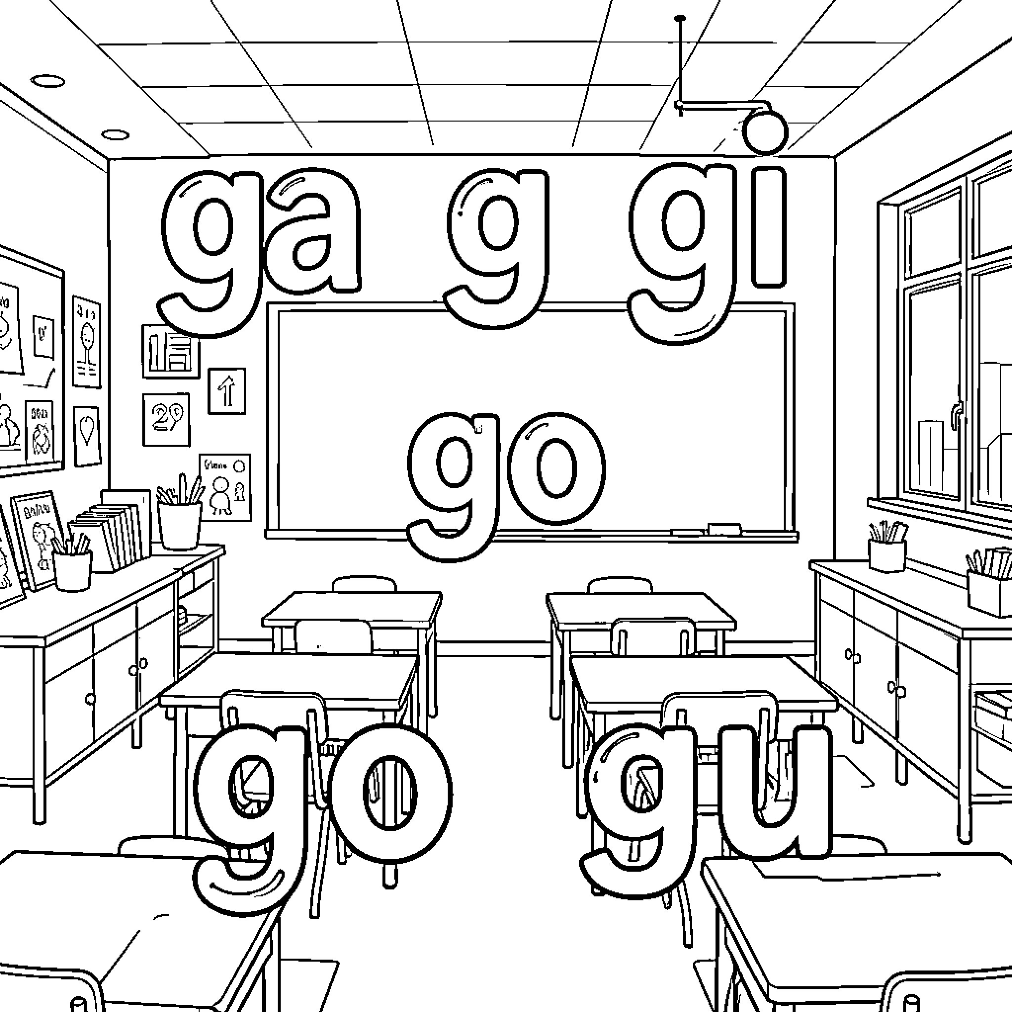 Monosyllable Classroom Scene with Playful Lettering Coloring Page (free black-and-white line drawing printable PDF for all, from beginners to advanced learners, including children, teens, adults, and seniors)