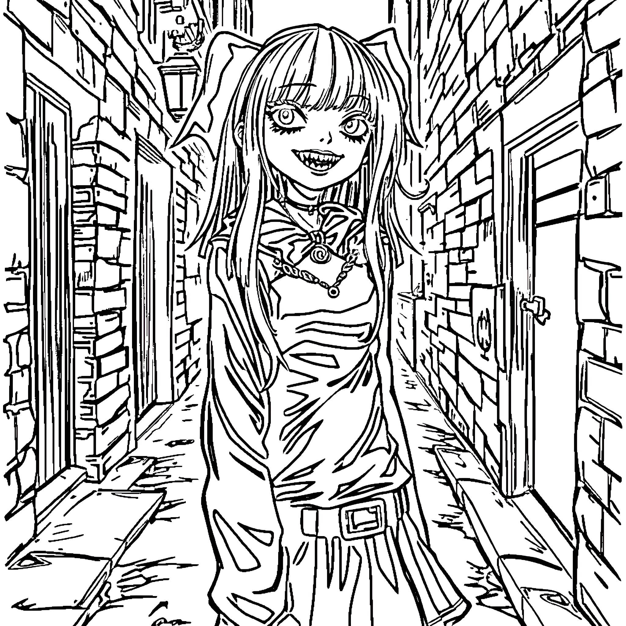 Girl exploring a mysterious alley Coloring Page (free black-and-white line drawing printable PDF for all, from beginners to advanced learners, including children, teens, adults, and seniors)