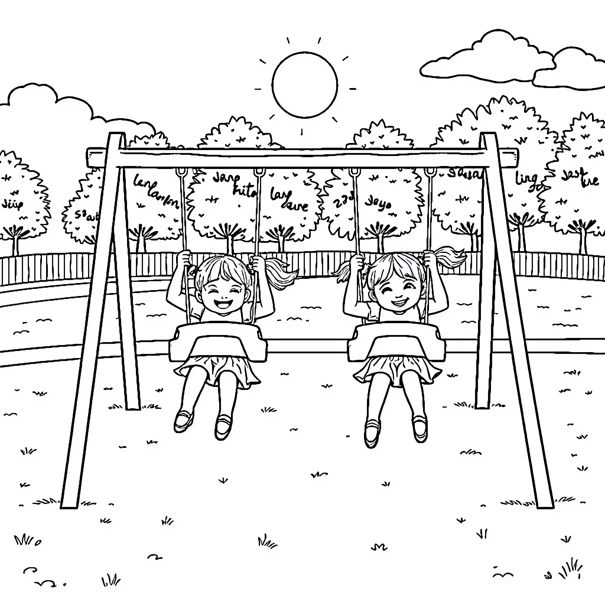 Girls happily playing on swings in park Coloring Page (free black-and-white line drawing printable PDF for all, from beginners to advanced learners, including children, teens, adults, and seniors)