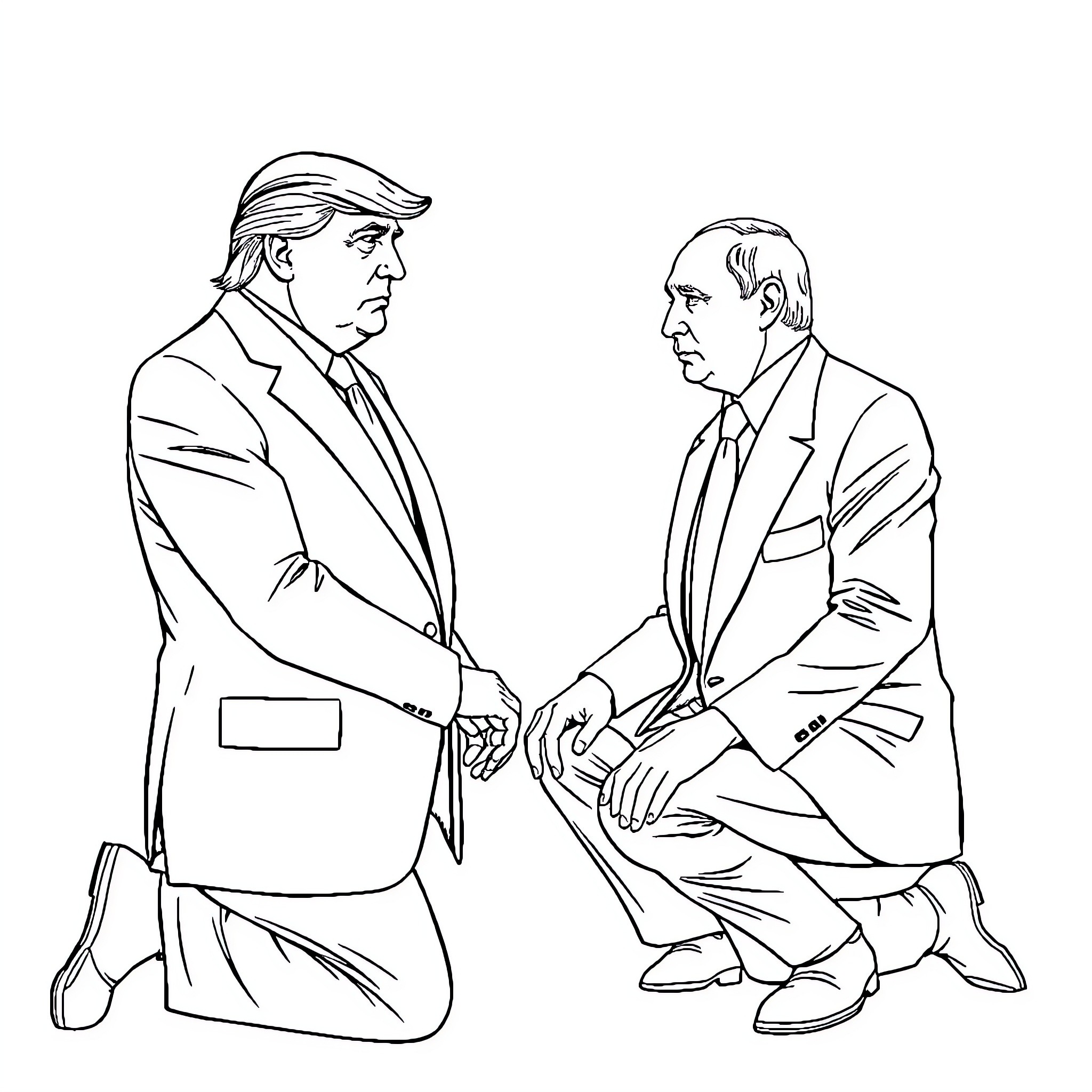 Trump in formal meeting with political figure Coloring Page (free black-and-white line drawing printable PDF for all, from beginners to advanced learners, including children, teens, adults, and seniors)