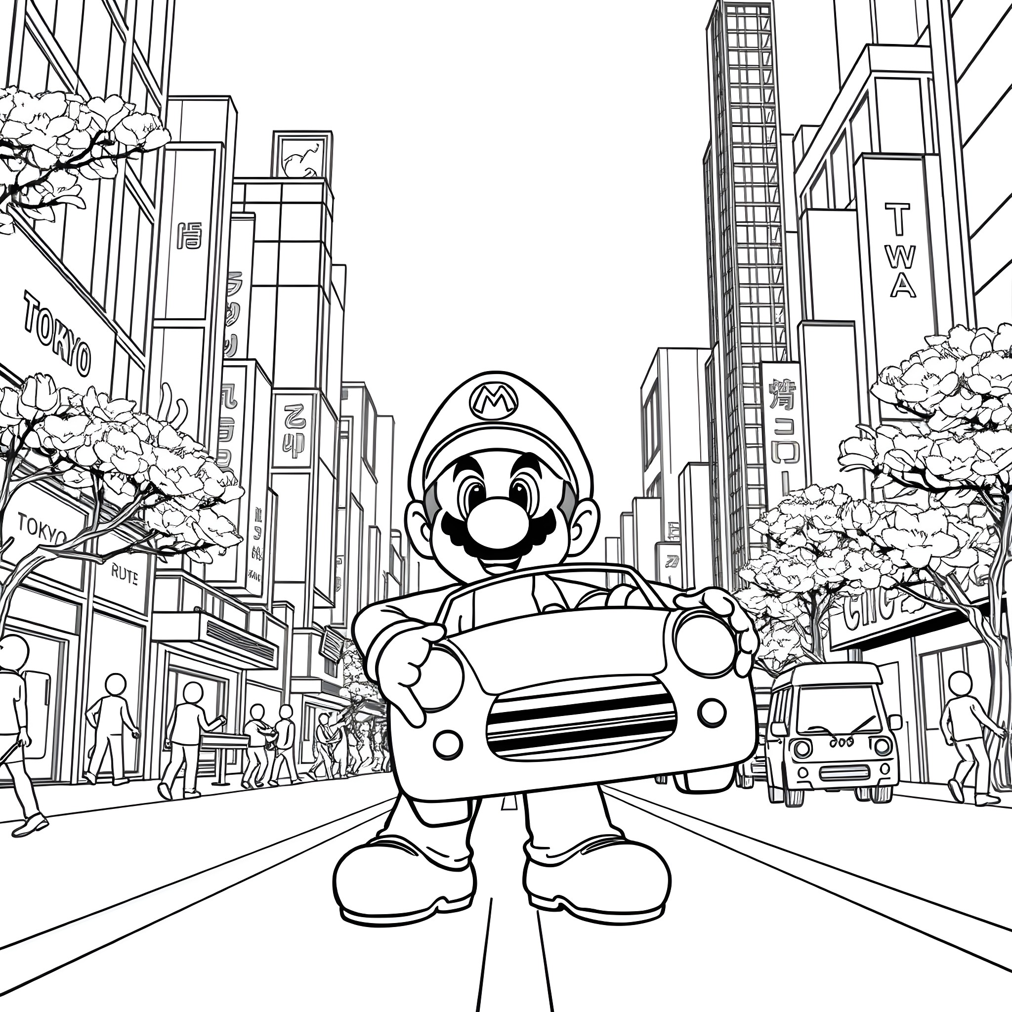Mario's Animated Antics in the City Coloring Page (free black-and-white line drawing printable PDF for all, from beginners to advanced learners, including children, teens, adults, and seniors)
