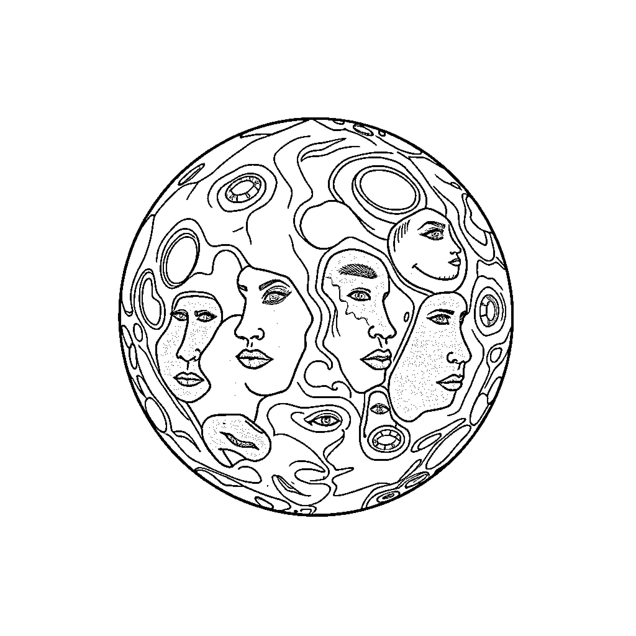 Planet of Many Faces Coloring Page (free black-and-white line drawing printable PDF for all, from beginners to advanced learners, including children, teens, adults, and seniors)