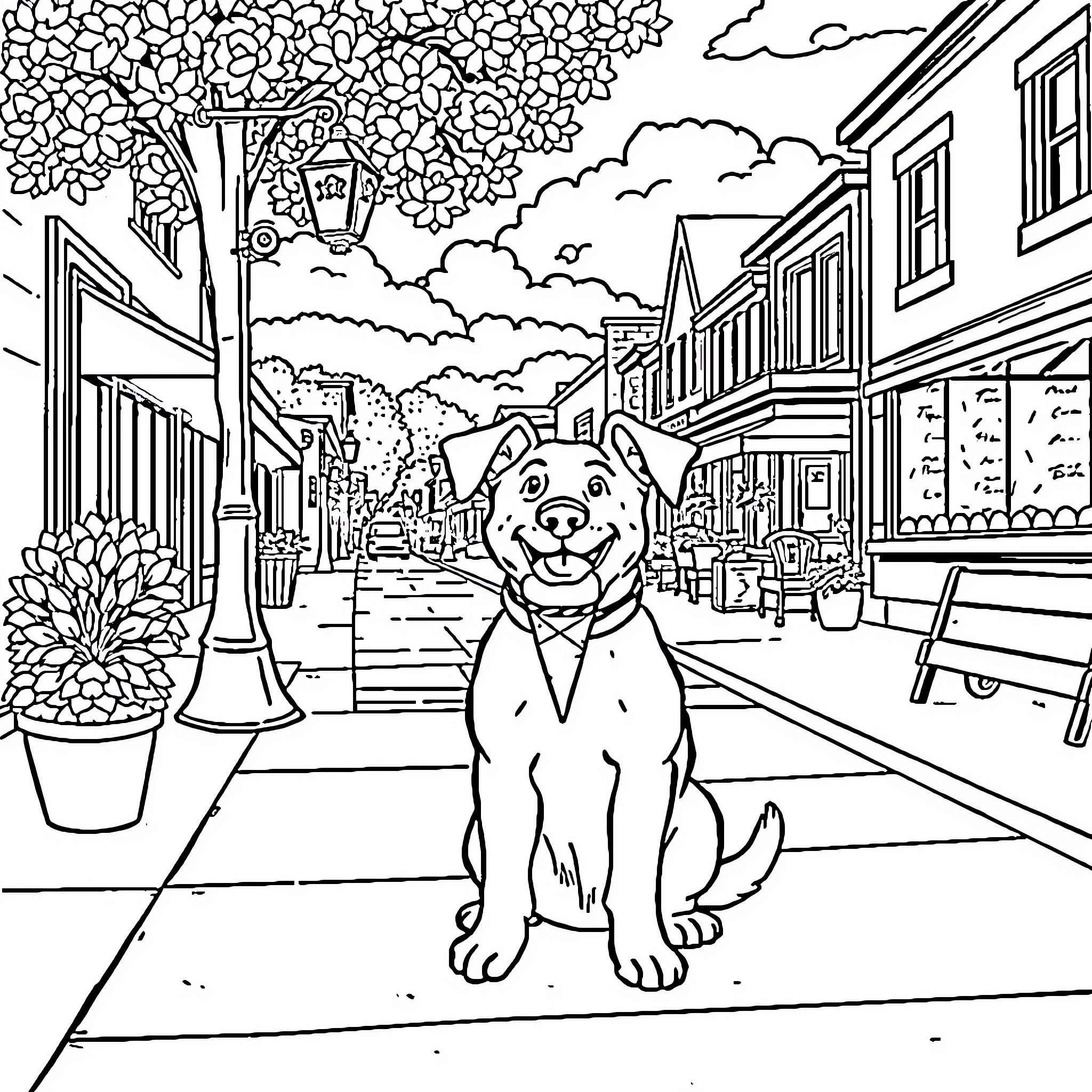 Dog enjoying the city street scene Coloring Page (free black-and-white line drawing printable PDF for all, from beginners to advanced learners, including children, teens, adults, and seniors)