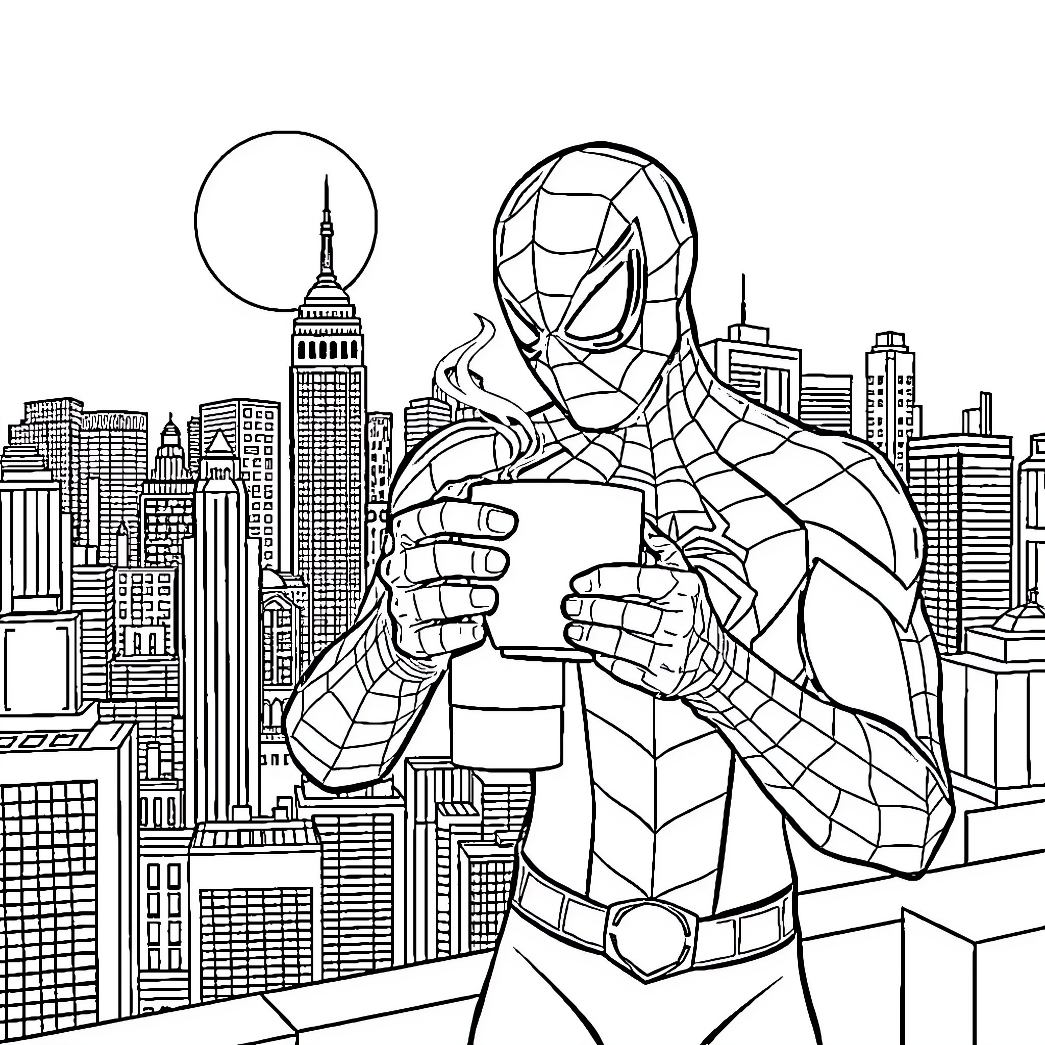 Spiderman swinging through the cityscape Coloring Page (free black-and-white line drawing printable PDF for all, from beginners to advanced learners, including children, teens, adults, and seniors)