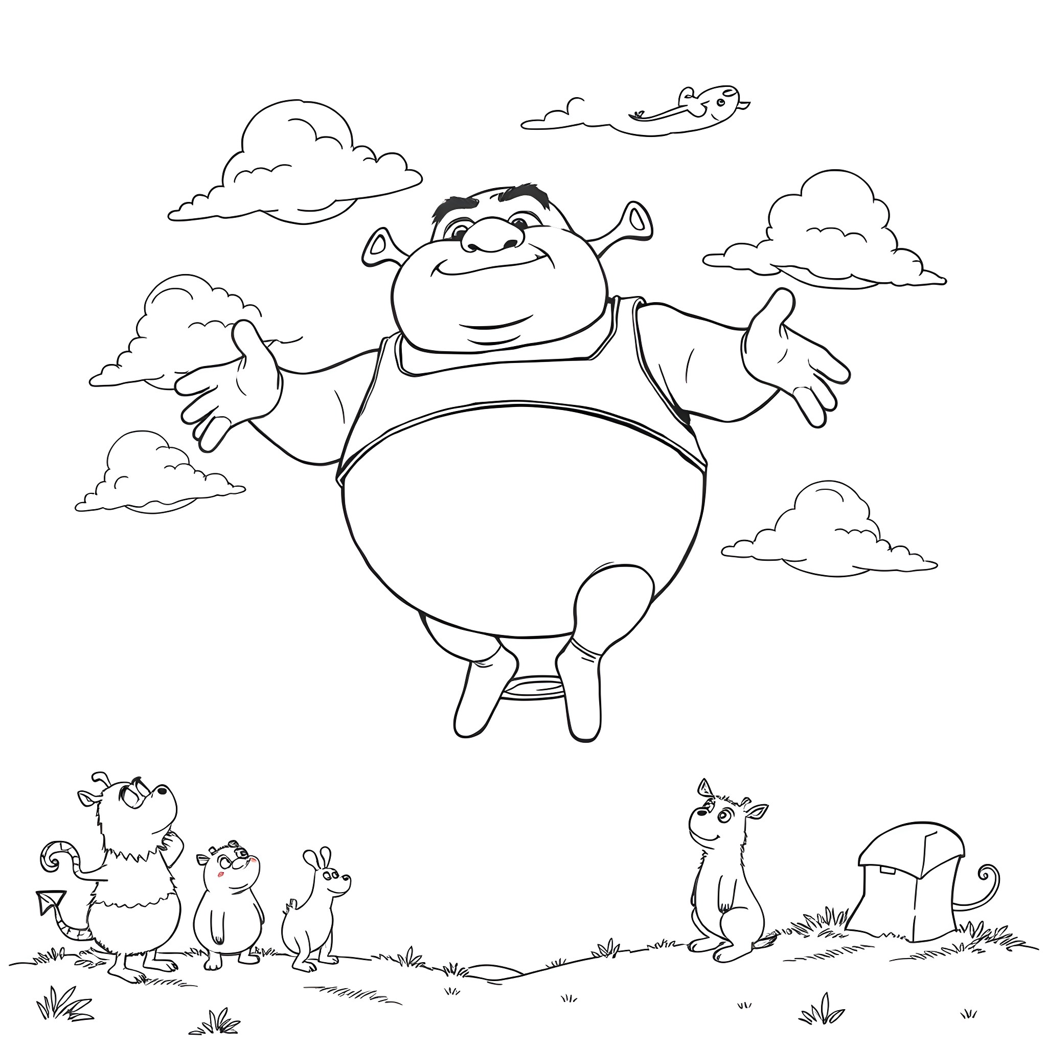 Shrek enjoying the outdoors with friends Coloring Page (free black-and-white line drawing printable PDF for all, from beginners to advanced learners, including children, teens, adults, and seniors)