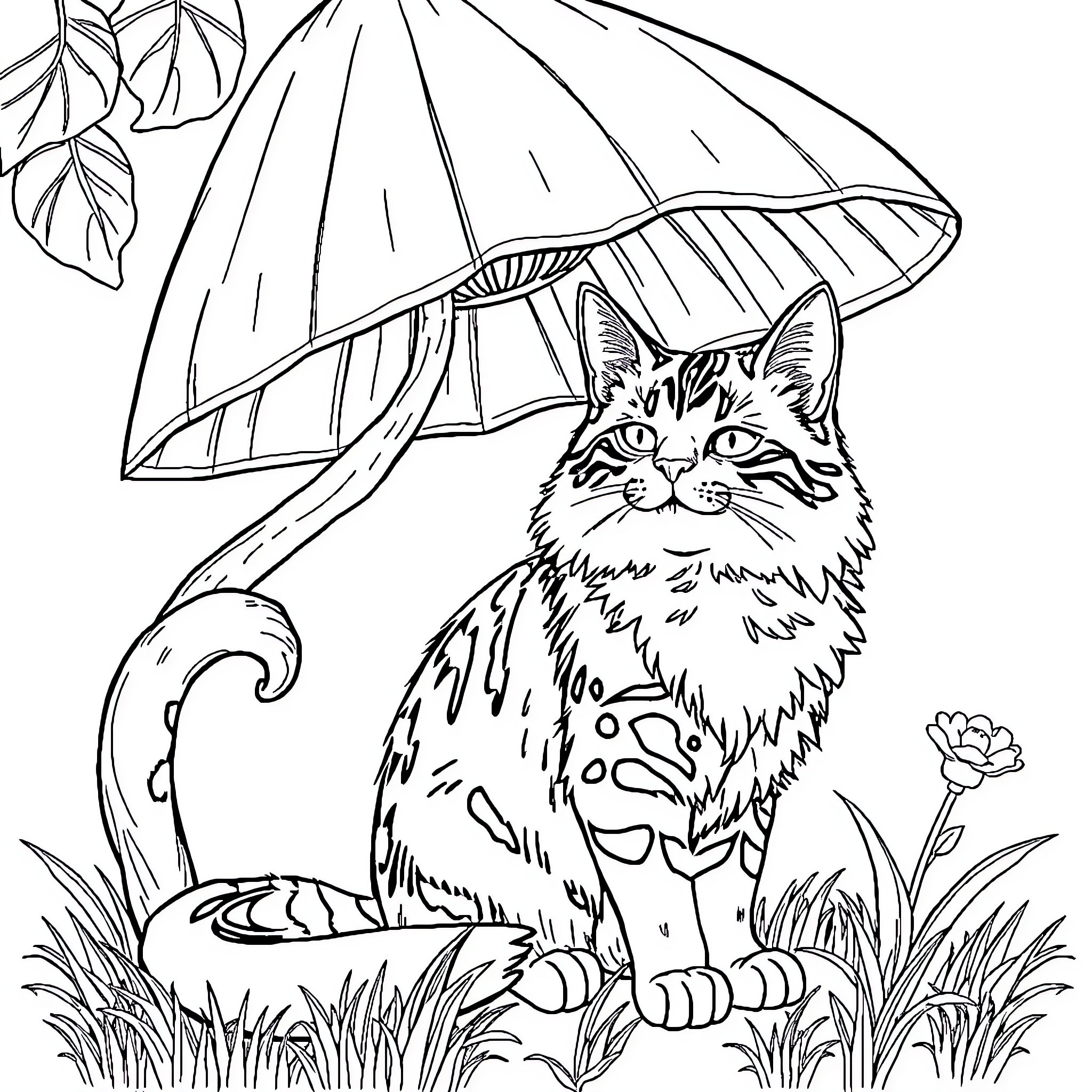 Cat sitting under mushroom umbrella in nature Coloring Page (free black-and-white line drawing printable PDF for all, from beginners to advanced learners, including children, teens, adults, and seniors)