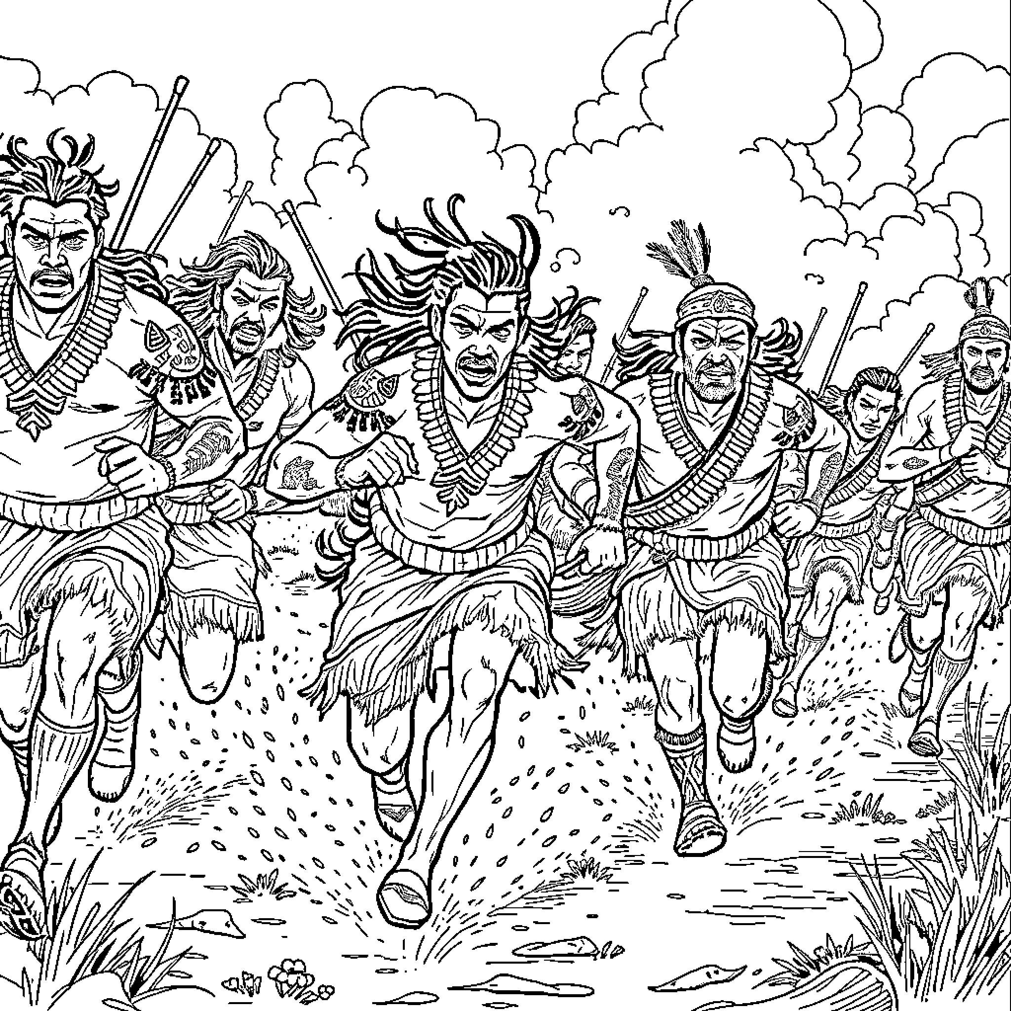 Maori warriors marching into battle with fierce expressions Coloring Page (free black-and-white line drawing printable PDF for all, from beginners to advanced learners, including children, teens, adults, and seniors)